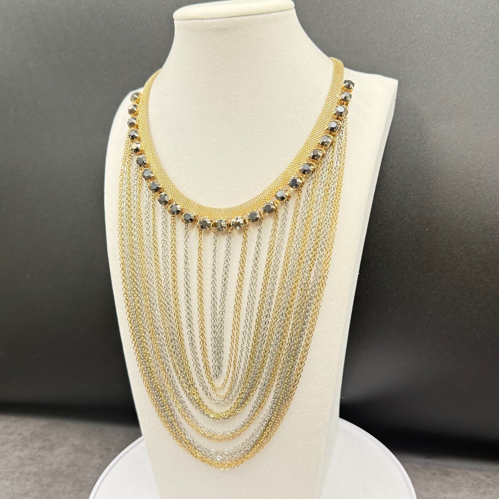 Gold & Silver Multi-Layer Statement Necklace w/ Crystal Accents - Image 1