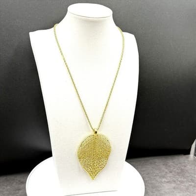 VTG Gold Leaf Filigree Pendant Necklace Boho Statement Chain Y2K Style - Thumbnail 5
