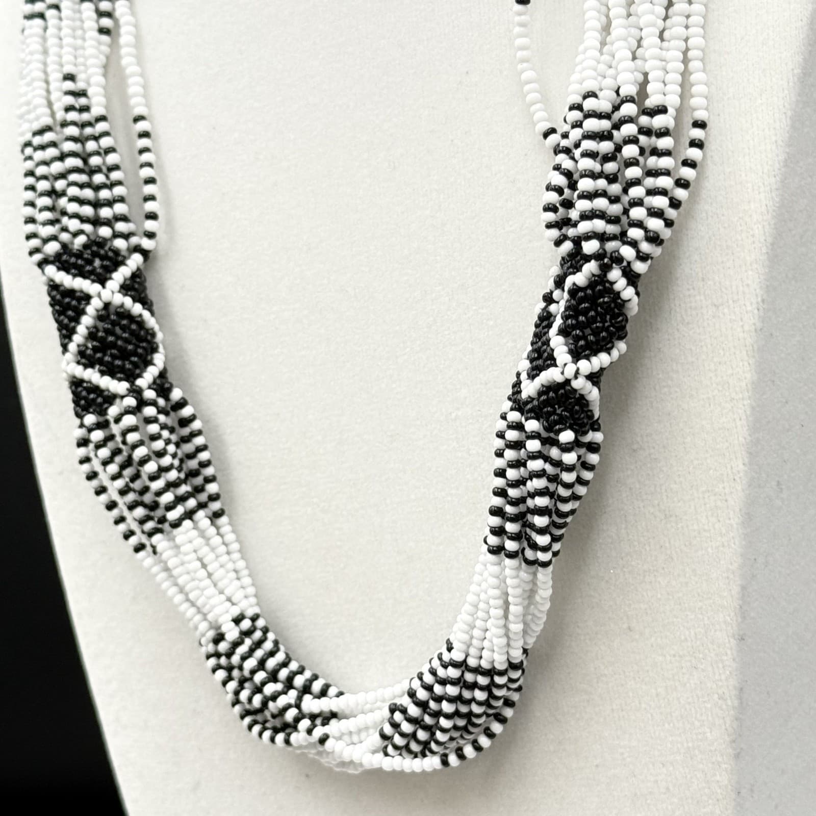 Vintage Black White Seed Bead Multi-Strand Necklace Tribal Boho Statement - Thumbnail 9