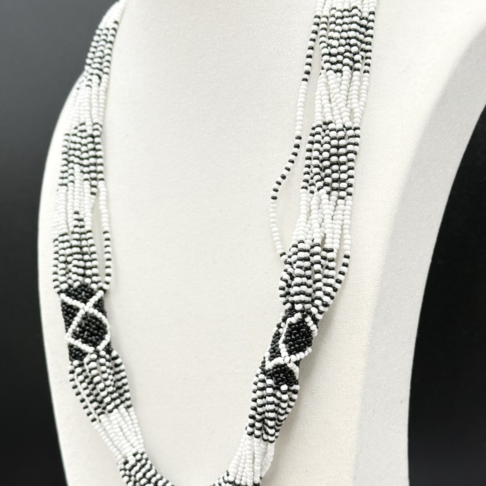 Vintage Black White Seed Bead Multi-Strand Necklace Tribal Boho Statement - Thumbnail 4