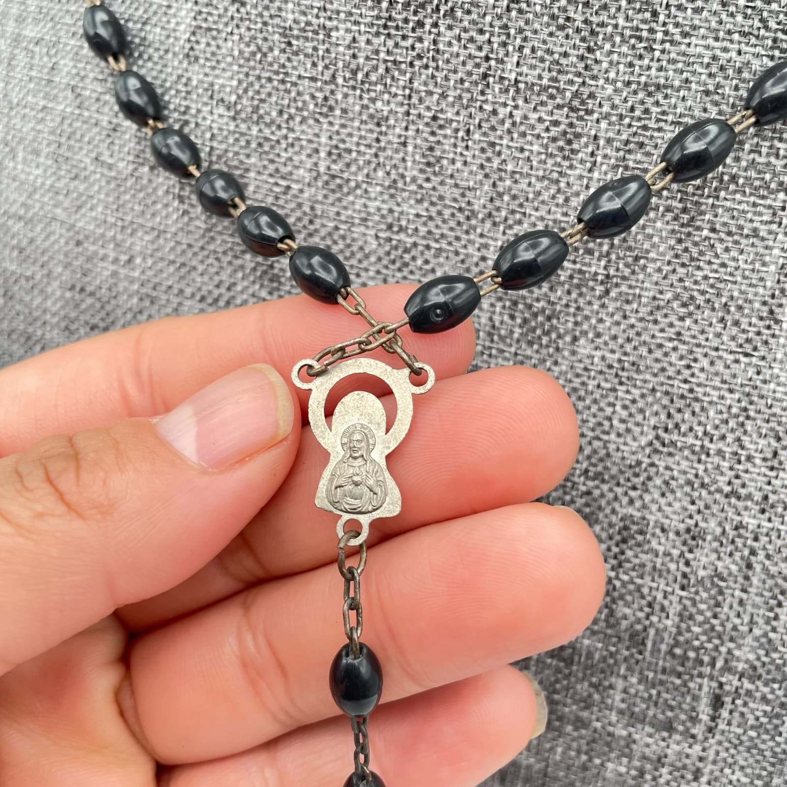 Silver-Tone Black Beads Rosary Crucifix Miraculous Medal Pendant "Inri" Necklace - Thumbnail 2