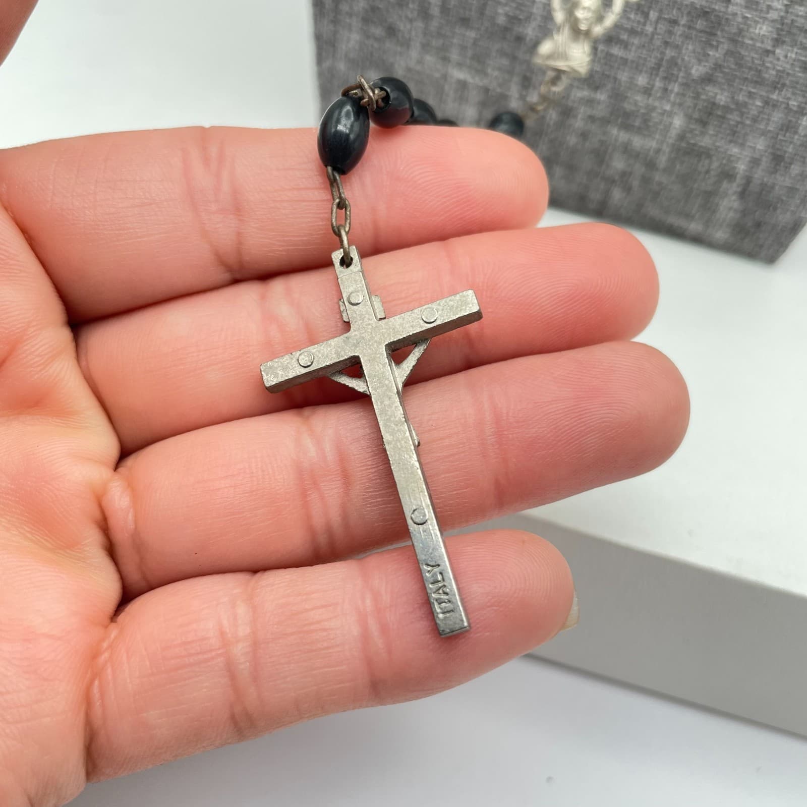 Silver-Tone Black Beads Rosary Crucifix Miraculous Medal Pendant "Inri" Necklace - Thumbnail 4