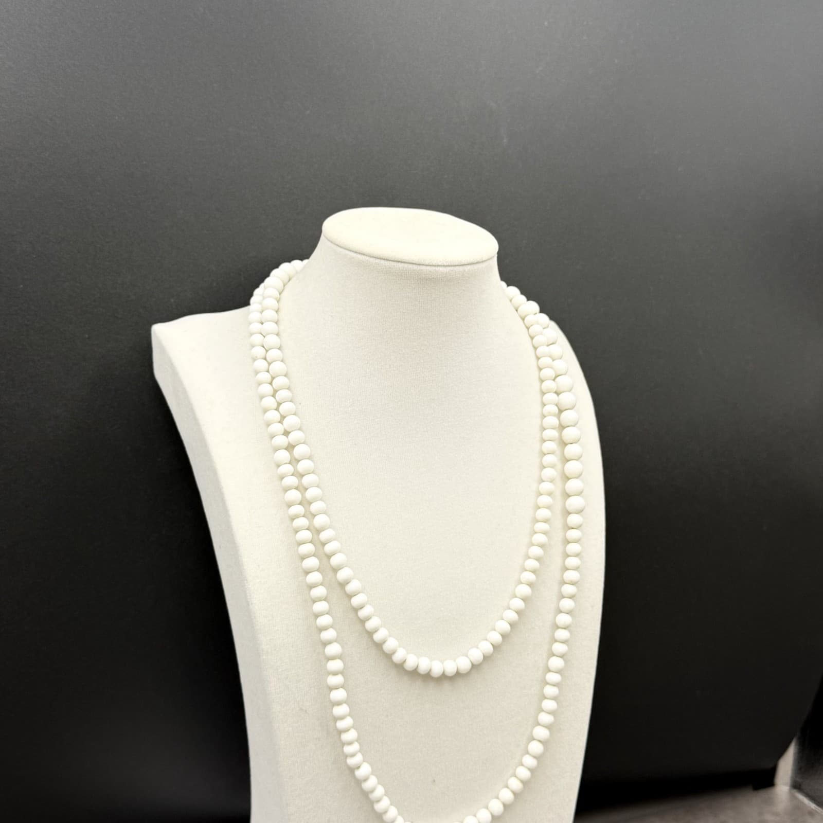 Vintage White Beaded Long Strand Necklace Minimalist Layering Piece - Thumbnail 2