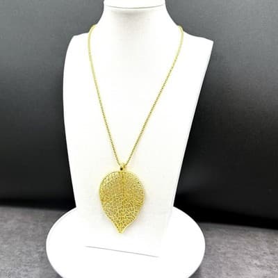 VTG Gold Leaf Filigree Pendant Necklace Boho Statement Chain Y2K Style - Thumbnail 4