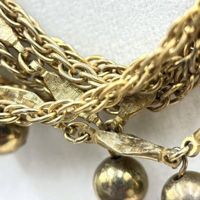 Vintage Gold Tone Multi-Chain Necklace Round Bead Dangle Statement - Thumbnail 5