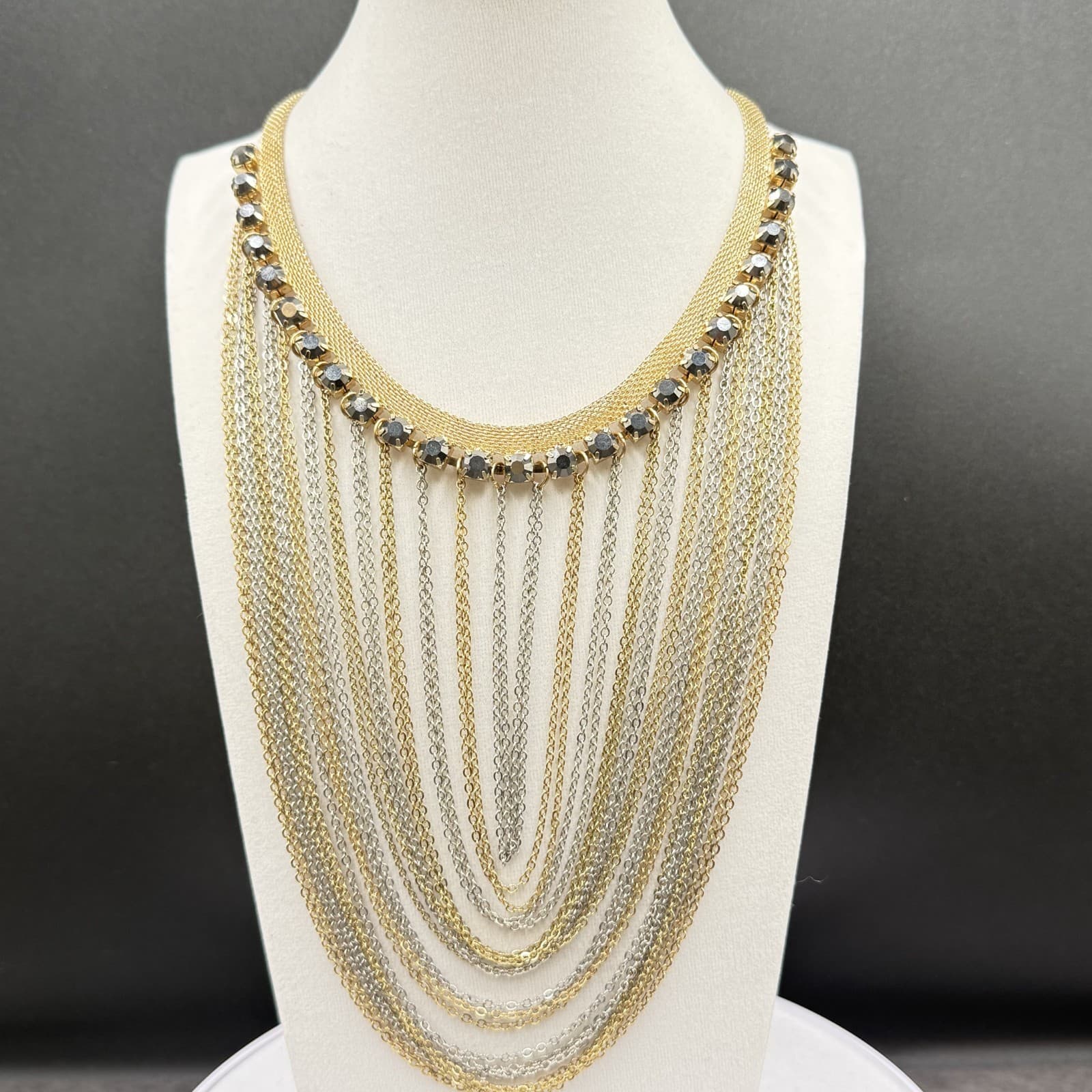 Gold & Silver Multi-Layer Statement Necklace w/ Crystal Accents - Thumbnail 2