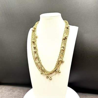 Vintage Gold Tone Multi-Chain Necklace Round Bead Dangle Statement - Thumbnail 2