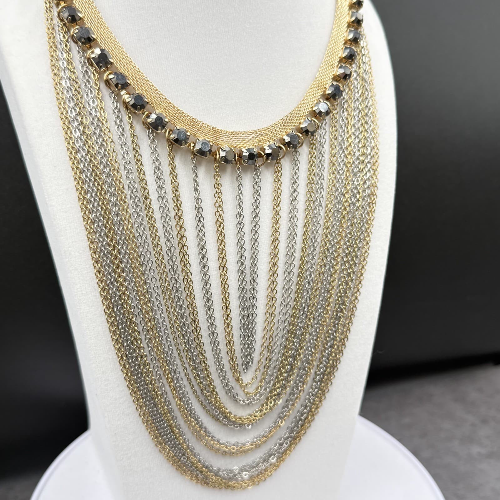 Gold & Silver Multi-Layer Statement Necklace w/ Crystal Accents - Thumbnail 5