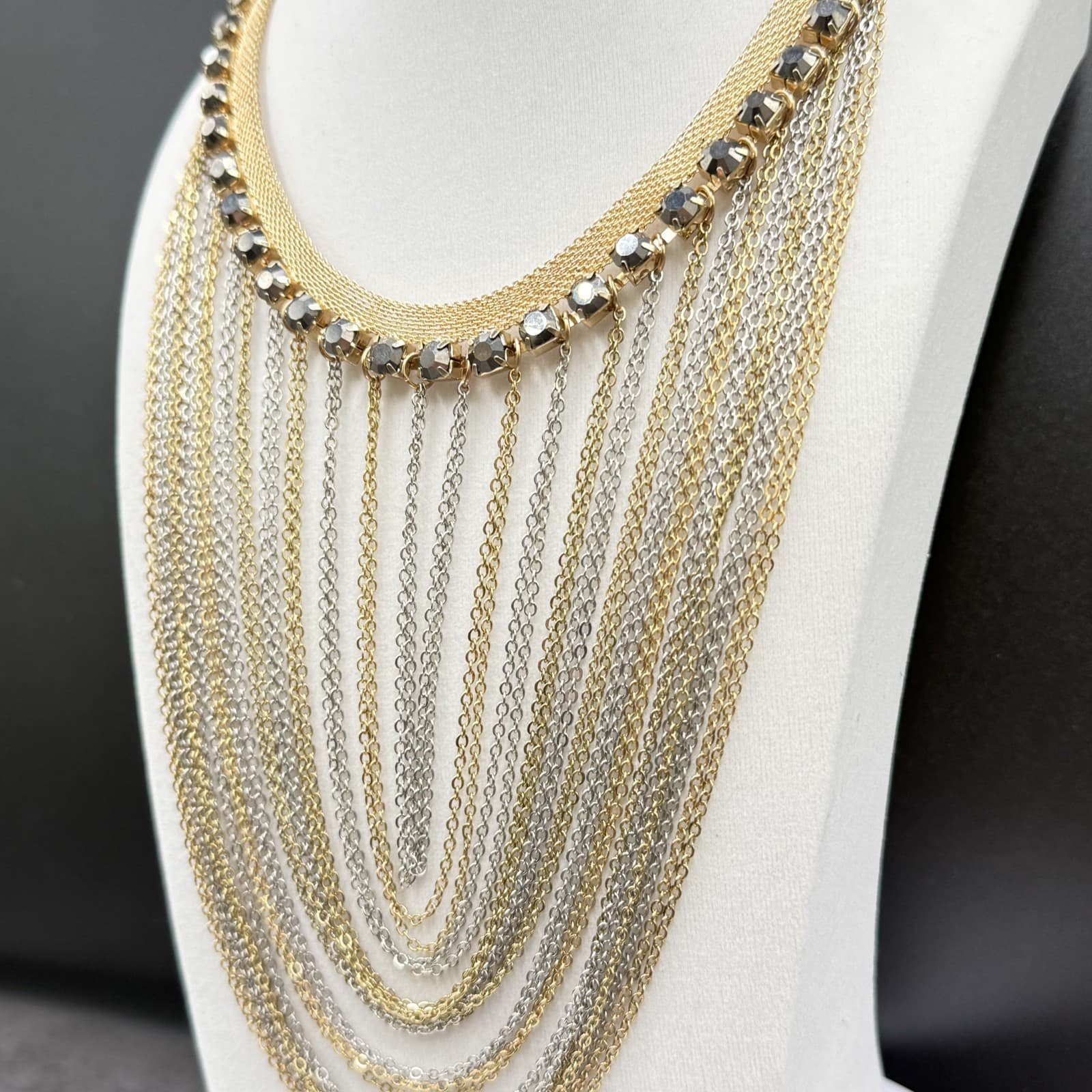 Gold & Silver Multi-Layer Statement Necklace w/ Crystal Accents - Thumbnail 6