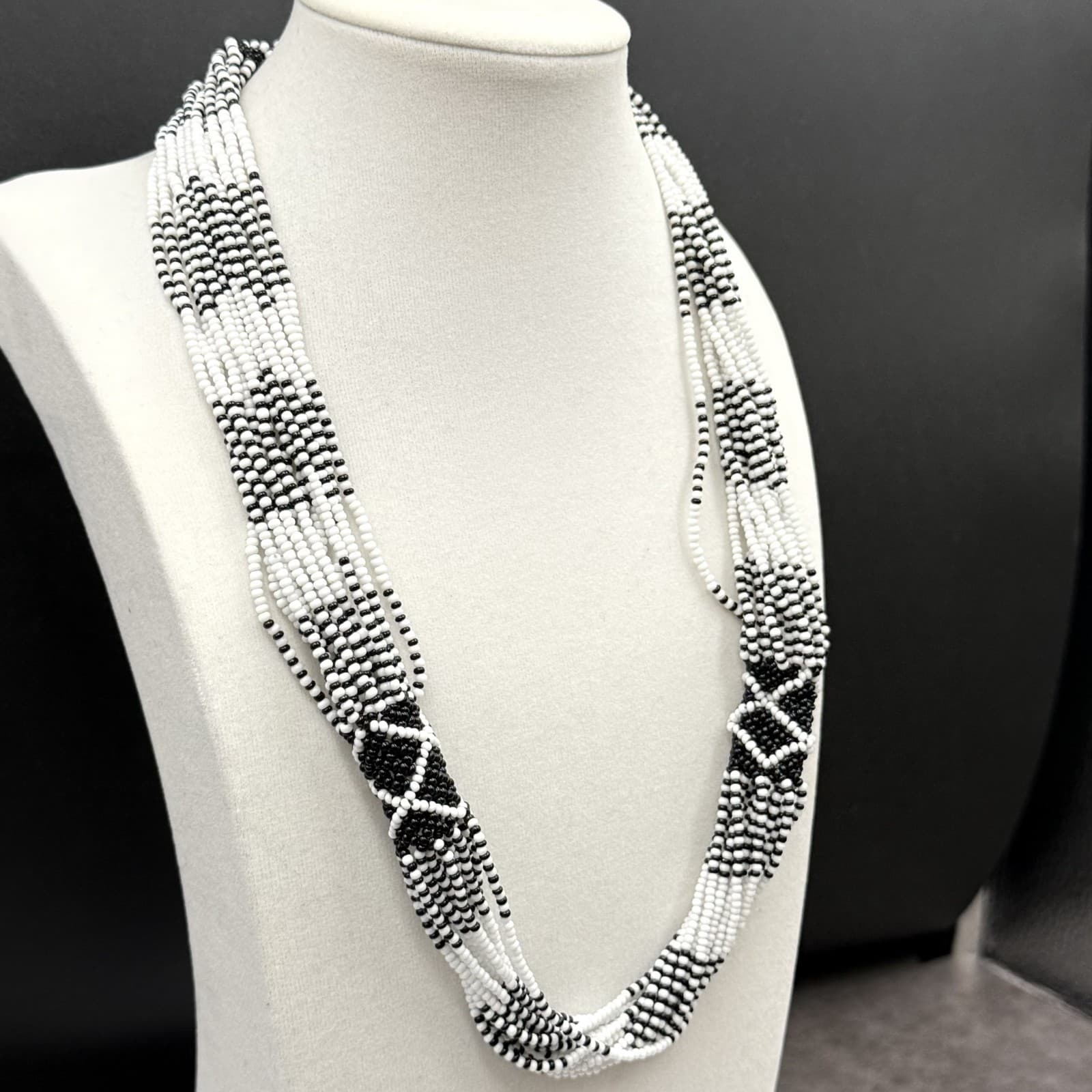 Vintage Black White Seed Bead Multi-Strand Necklace Tribal Boho Statement - Thumbnail 2