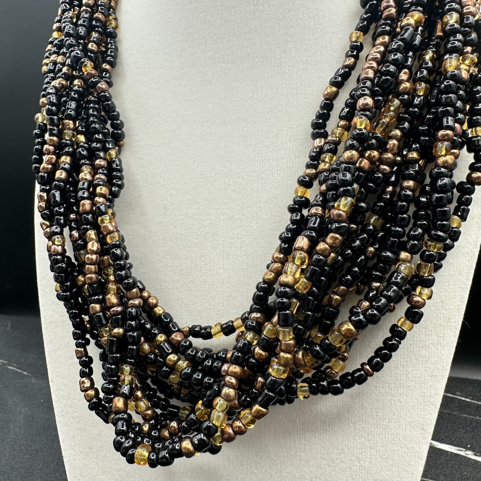 VTG Multi Strand Seed Bead Necklace Choker Black Gold Bronze Statement Jewelry - Thumbnail 4