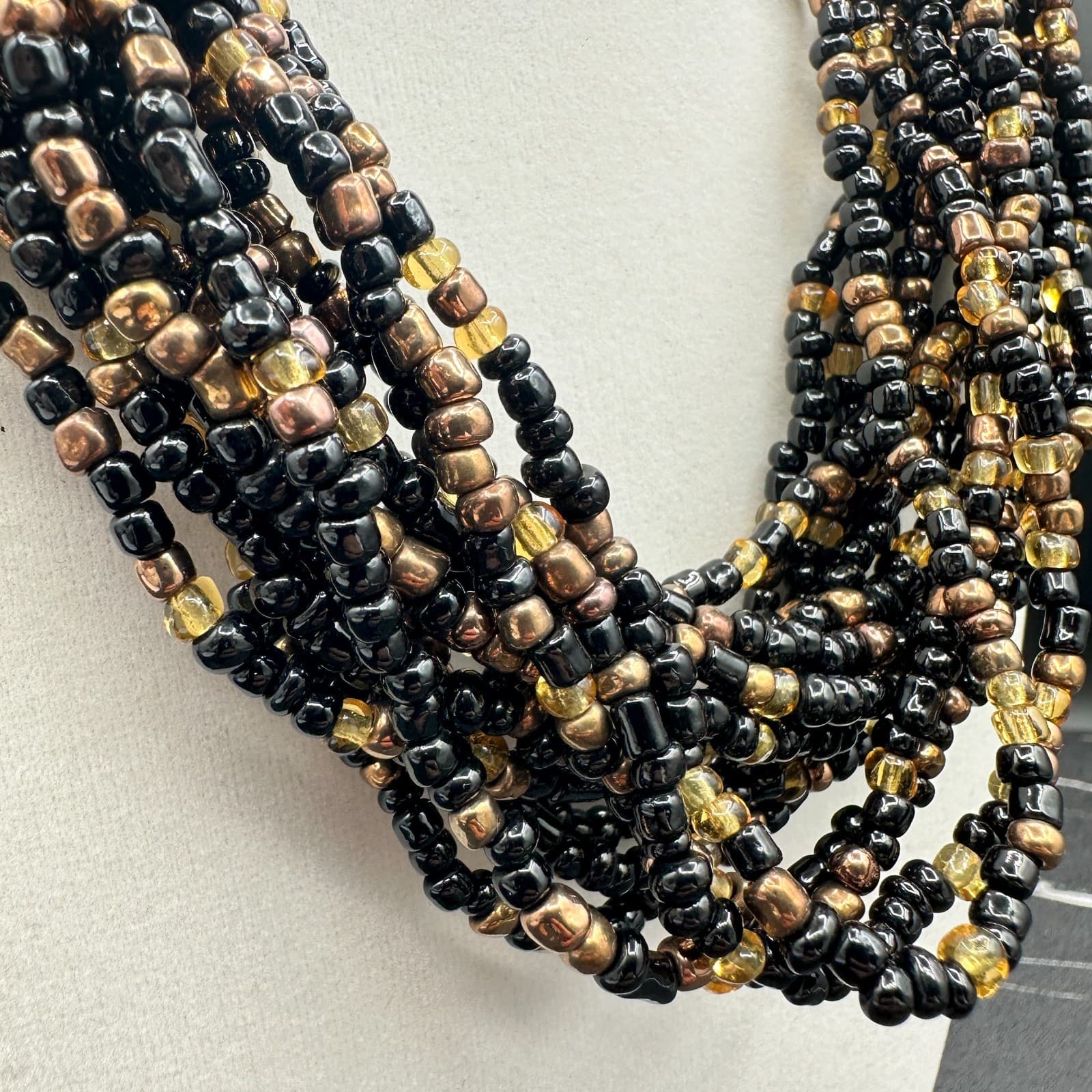 VTG Multi Strand Seed Bead Necklace Choker Black Gold Bronze Statement Jewelry - Thumbnail 6