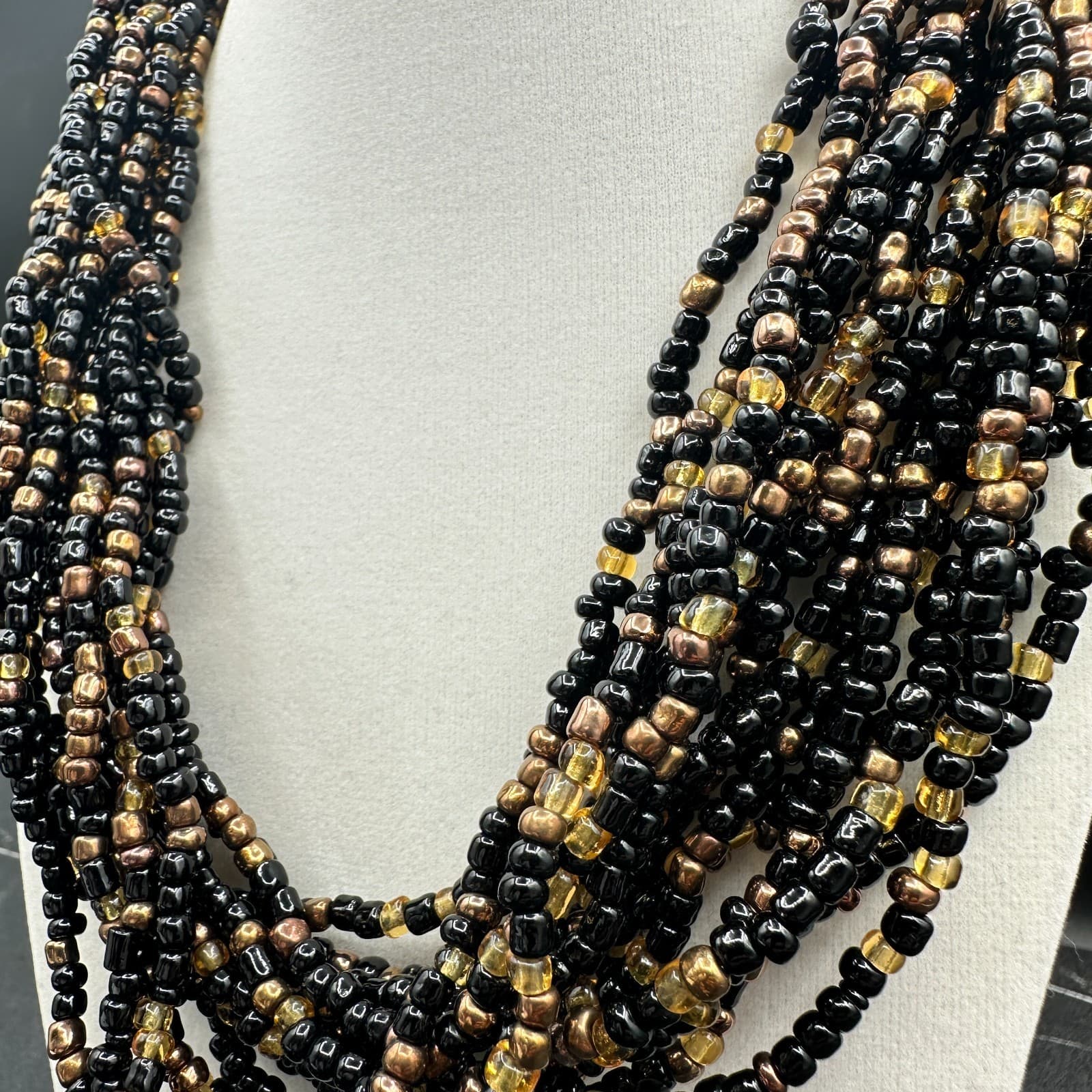 VTG Multi Strand Seed Bead Necklace Choker Black Gold Bronze Statement Jewelry - Thumbnail 5