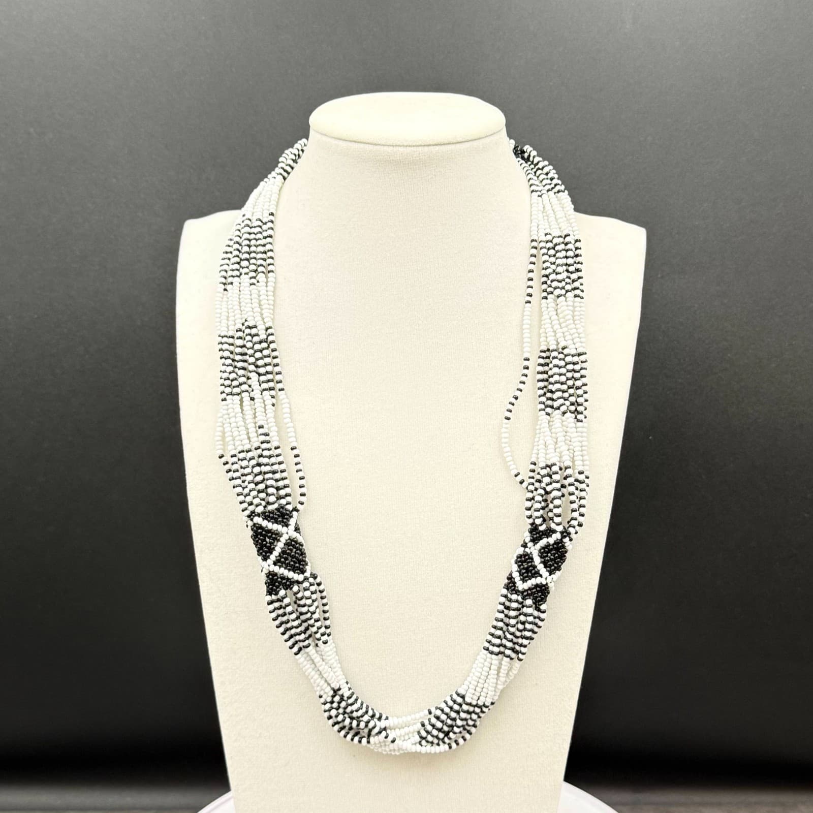 Vintage Black White Seed Bead Multi-Strand Necklace Tribal Boho Statement - Thumbnail 3