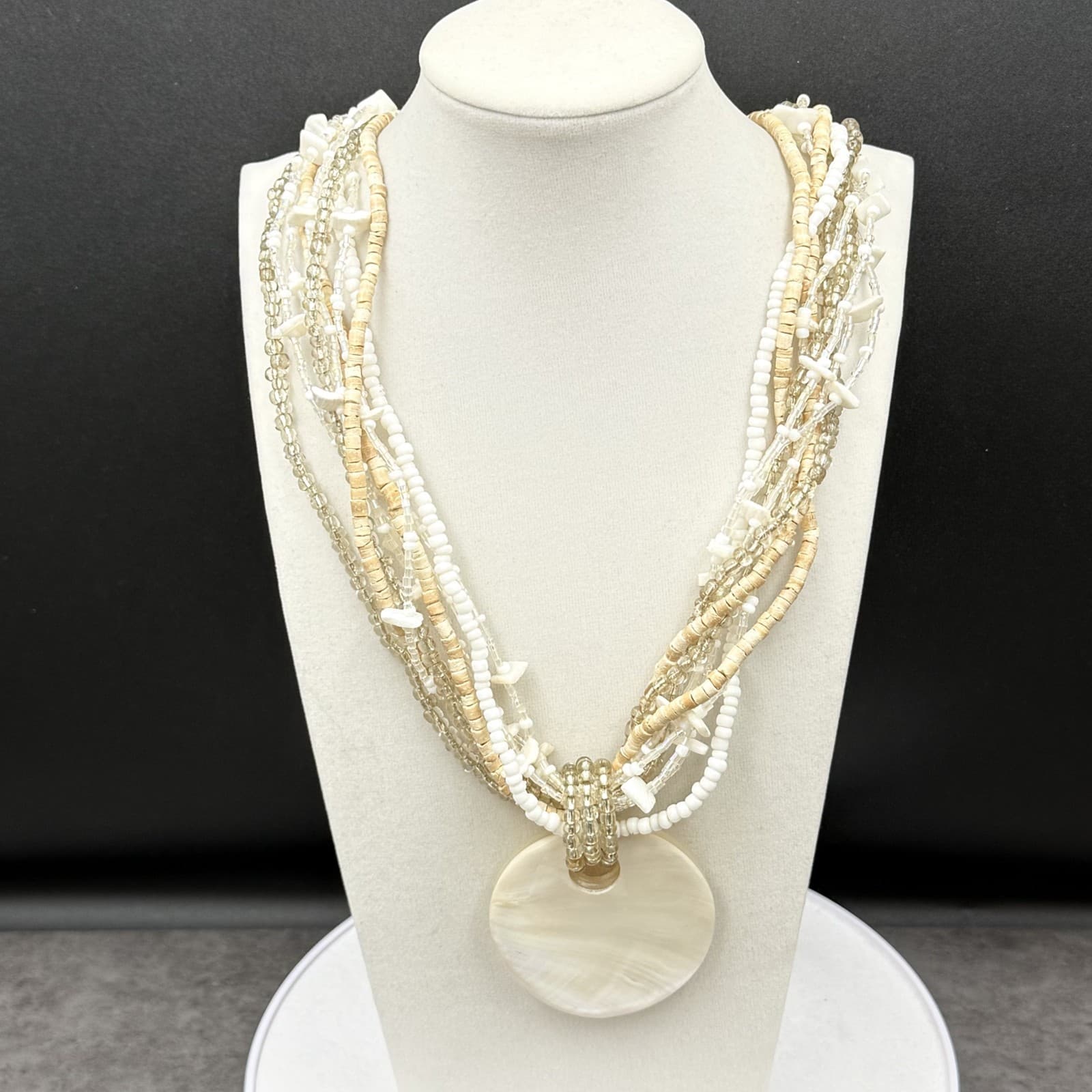 Vintage Cream Shell Disc Multi-Strand Bead Necklace Boho Statement - Thumbnail 2