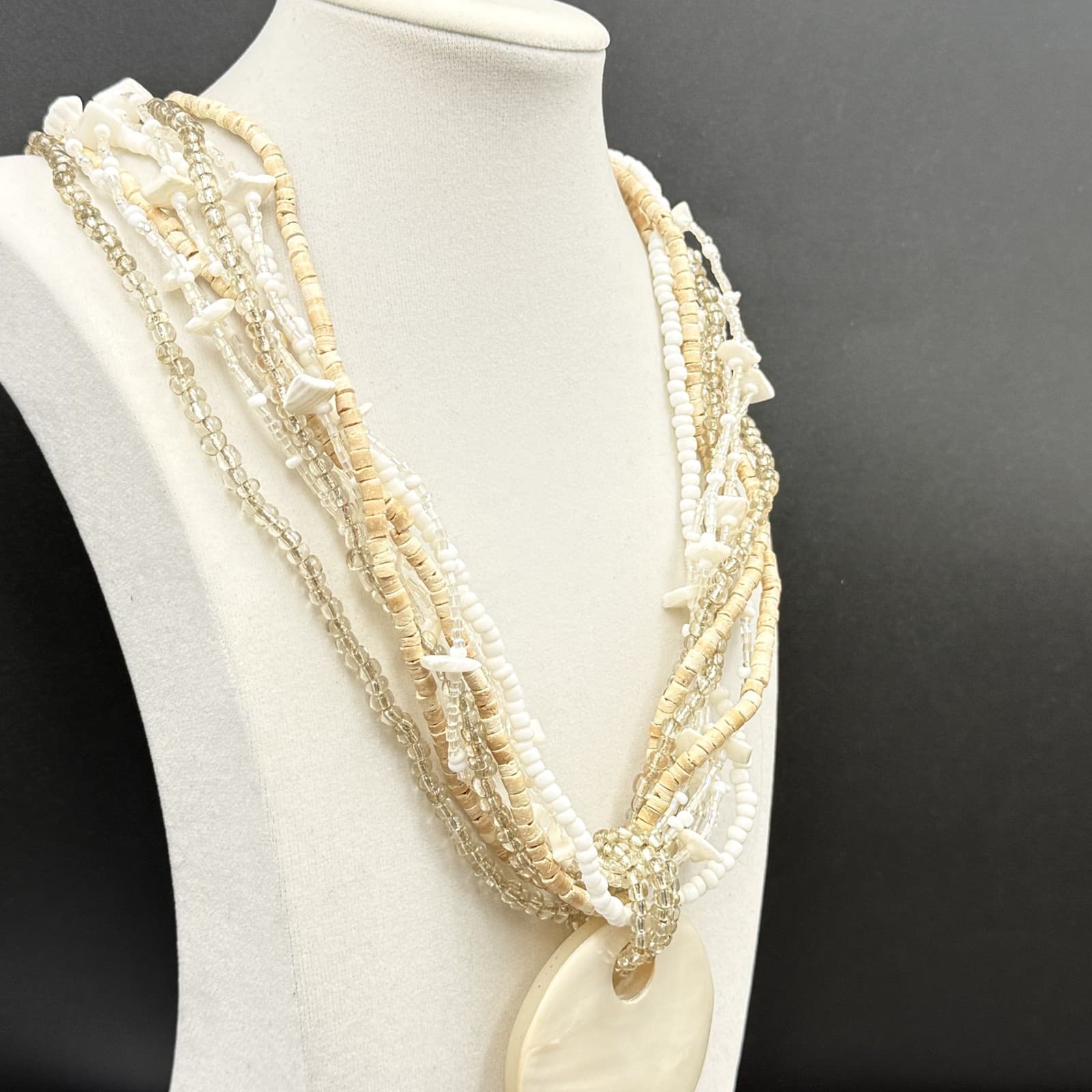 Vintage Cream Shell Disc Multi-Strand Bead Necklace Boho Statement - Thumbnail 4
