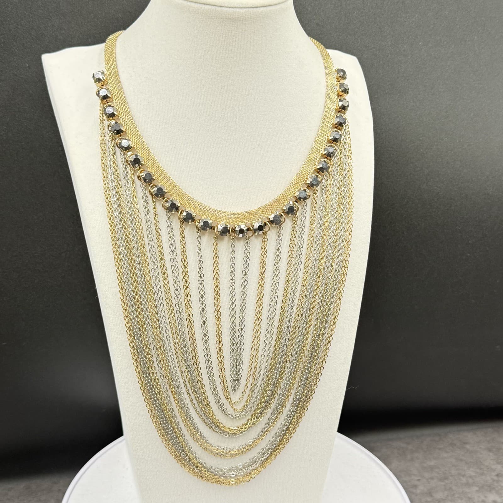 Gold & Silver Multi-Layer Statement Necklace w/ Crystal Accents - Thumbnail 4
