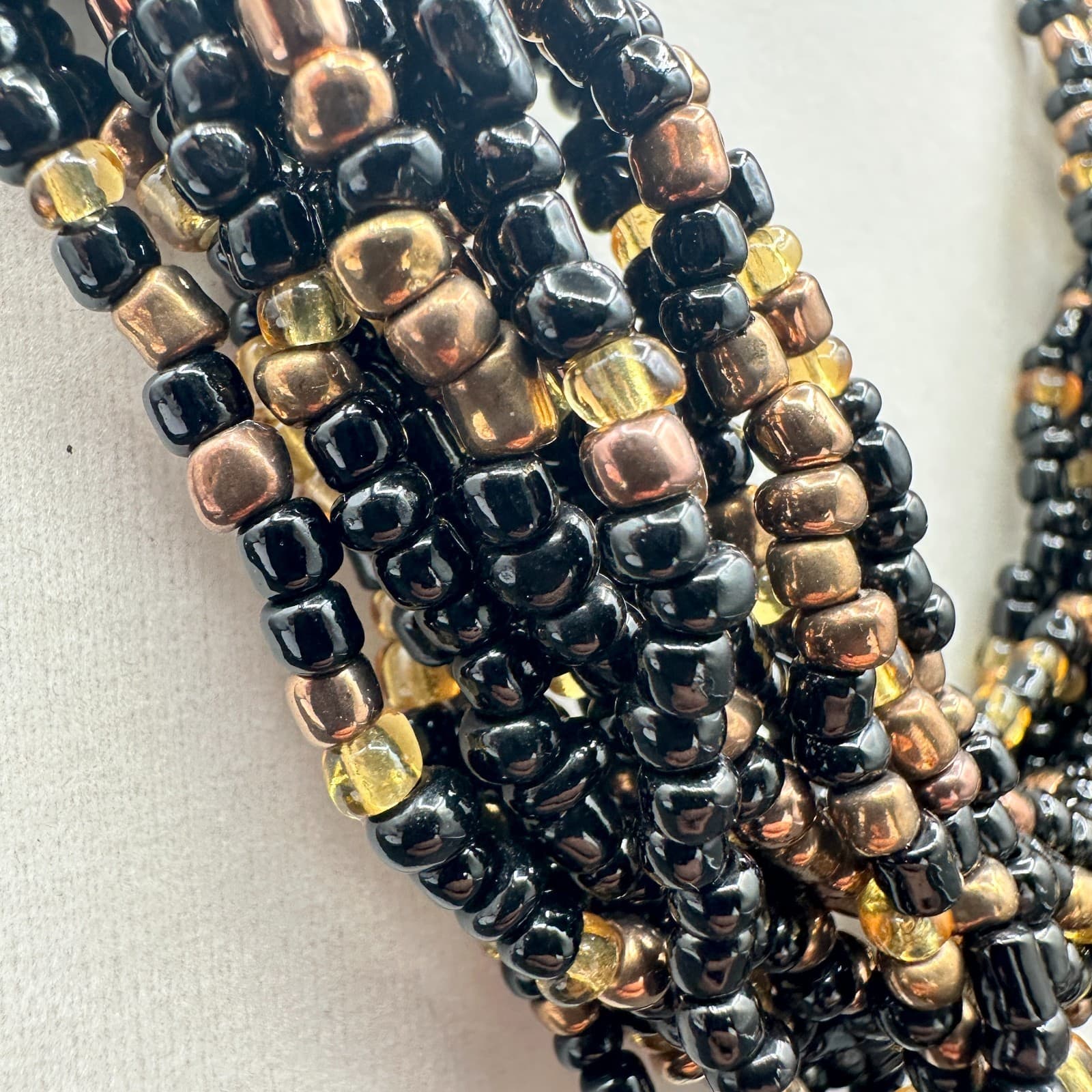 VTG Multi Strand Seed Bead Necklace Choker Black Gold Bronze Statement Jewelry - Thumbnail 7