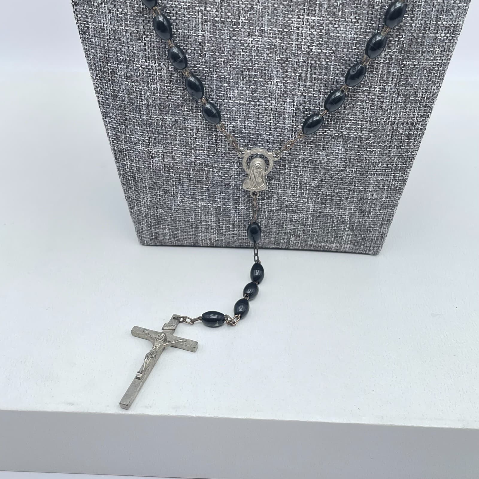 Silver-Tone Black Beads Rosary Crucifix Miraculous Medal Pendant "Inri" Necklace - Thumbnail 5