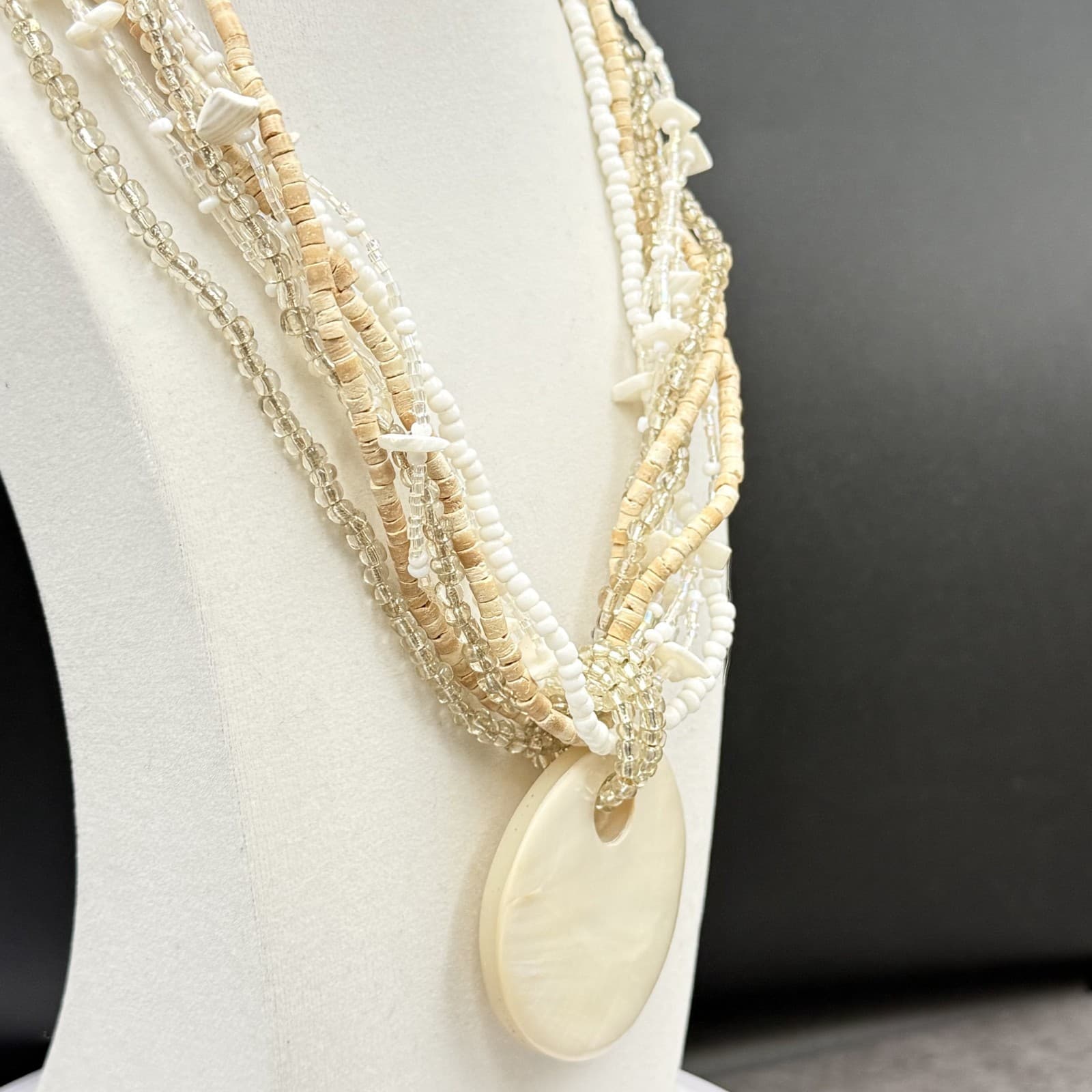 Vintage Cream Shell Disc Multi-Strand Bead Necklace Boho Statement - Thumbnail 7