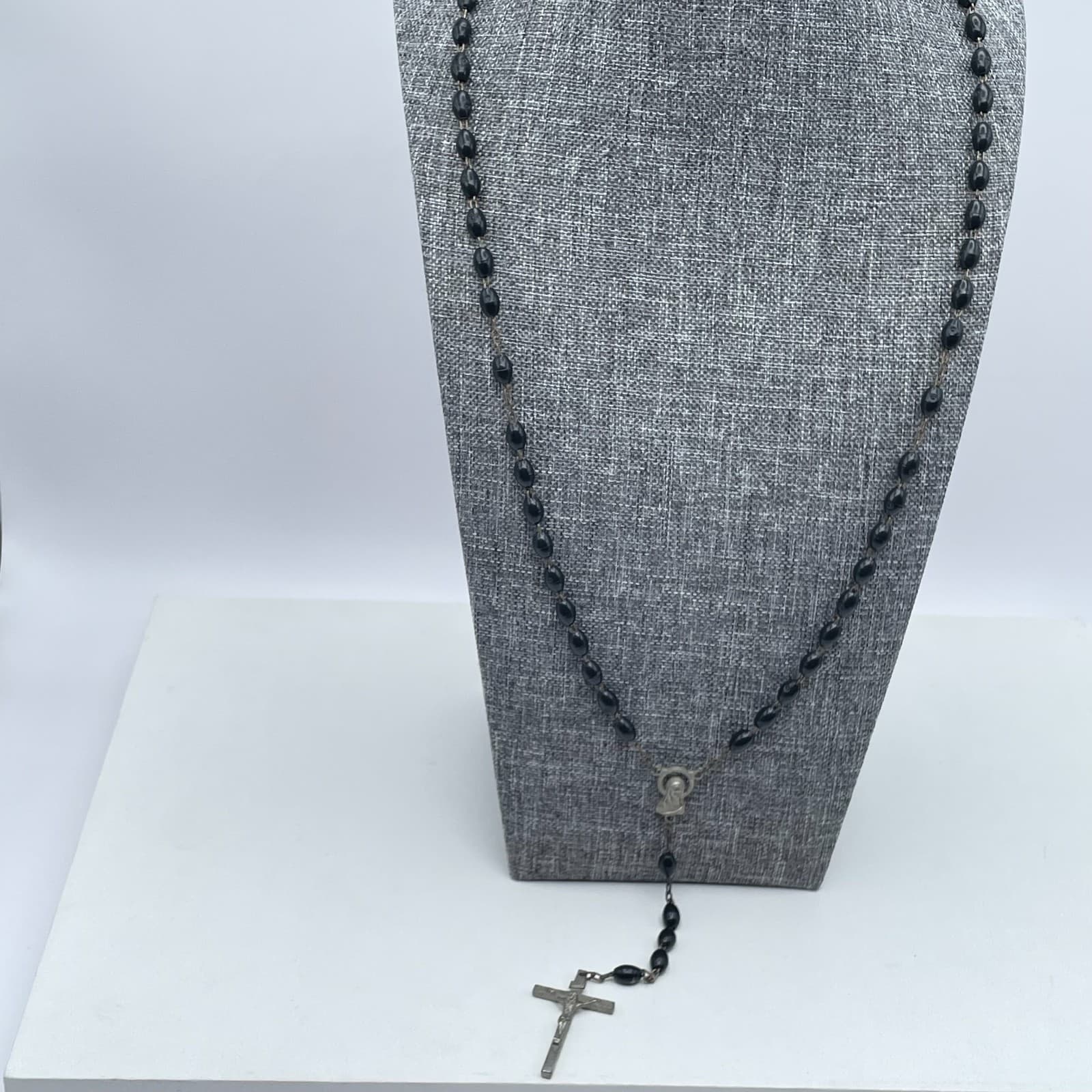 Silver-Tone Black Beads Rosary Crucifix Miraculous Medal Pendant "Inri" Necklace - Thumbnail 6