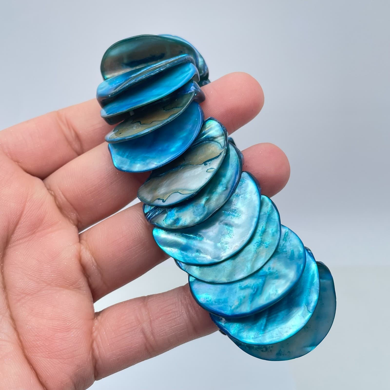 Nautical-Themed Elastic Cord Blue Iridescent Abalone Shell Tile Stretch Bracelet - Thumbnail 7