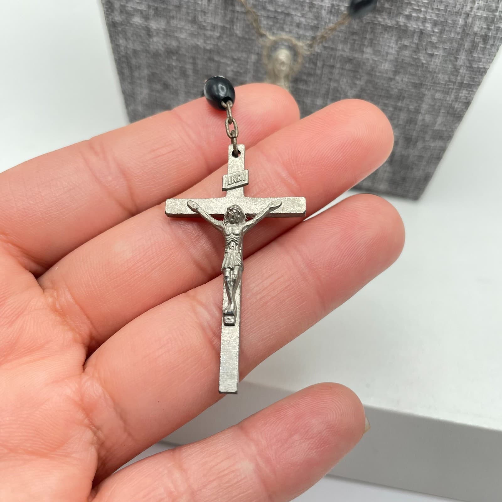 Silver-Tone Black Beads Rosary Crucifix Miraculous Medal Pendant "Inri" Necklace - Thumbnail 3