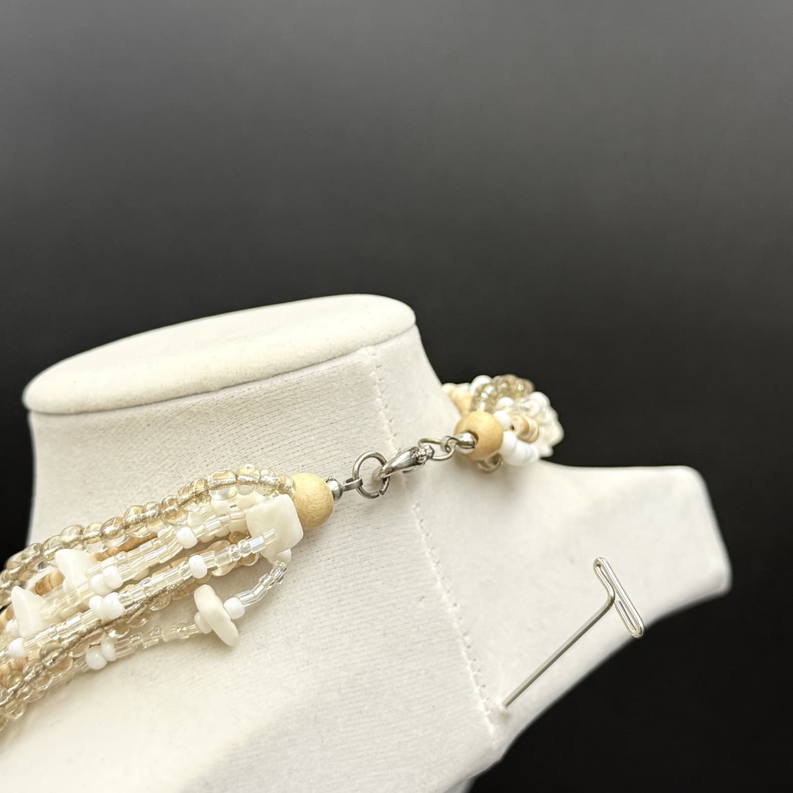 Vintage Cream Shell Disc Multi-Strand Bead Necklace Boho Statement - Thumbnail 9