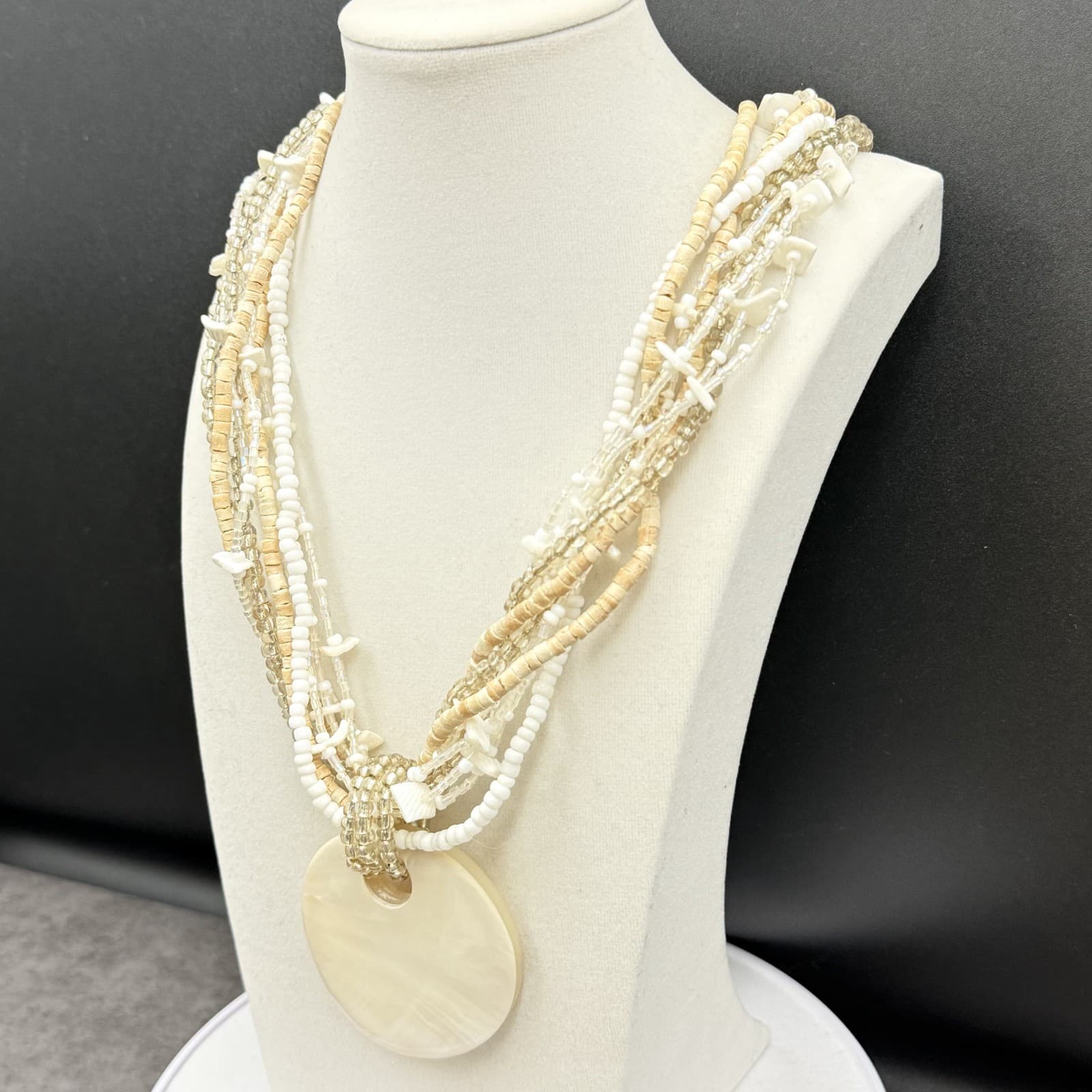 Vintage Cream Shell Disc Multi-Strand Bead Necklace Boho Statement - Thumbnail 5