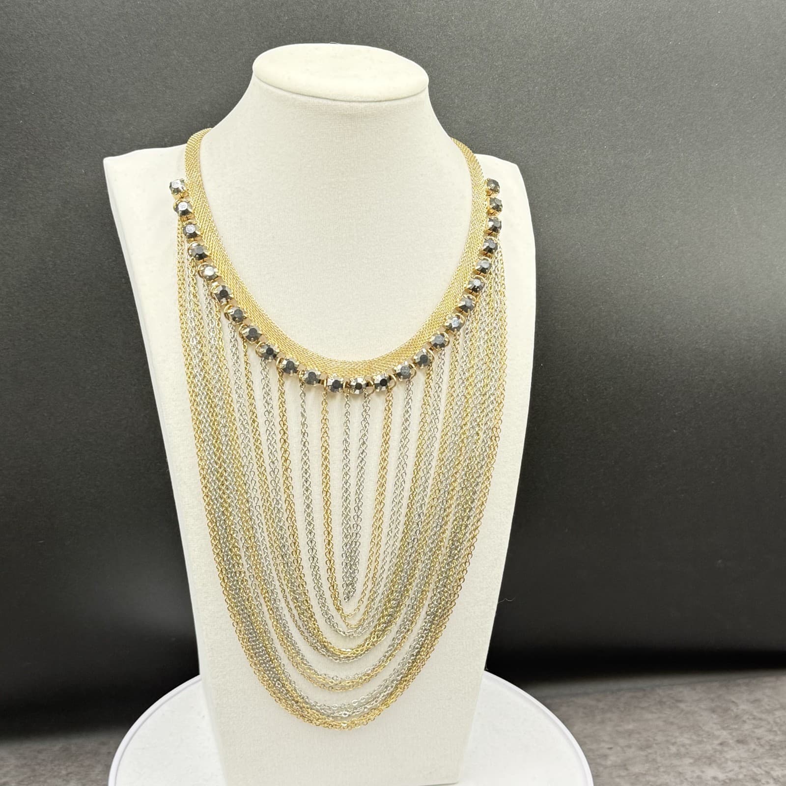 Gold & Silver Multi-Layer Statement Necklace w/ Crystal Accents - Thumbnail 3