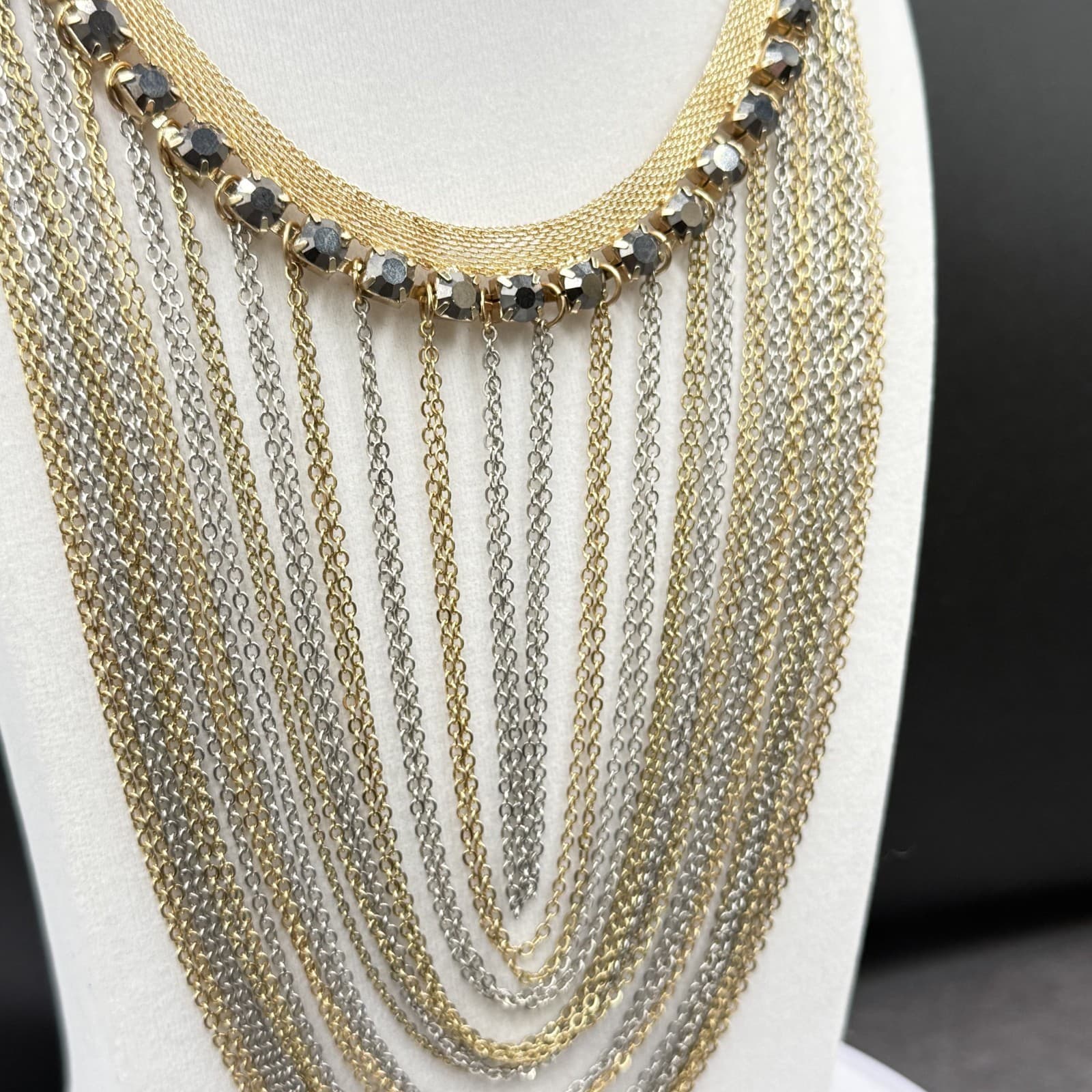Gold & Silver Multi-Layer Statement Necklace w/ Crystal Accents - Thumbnail 7