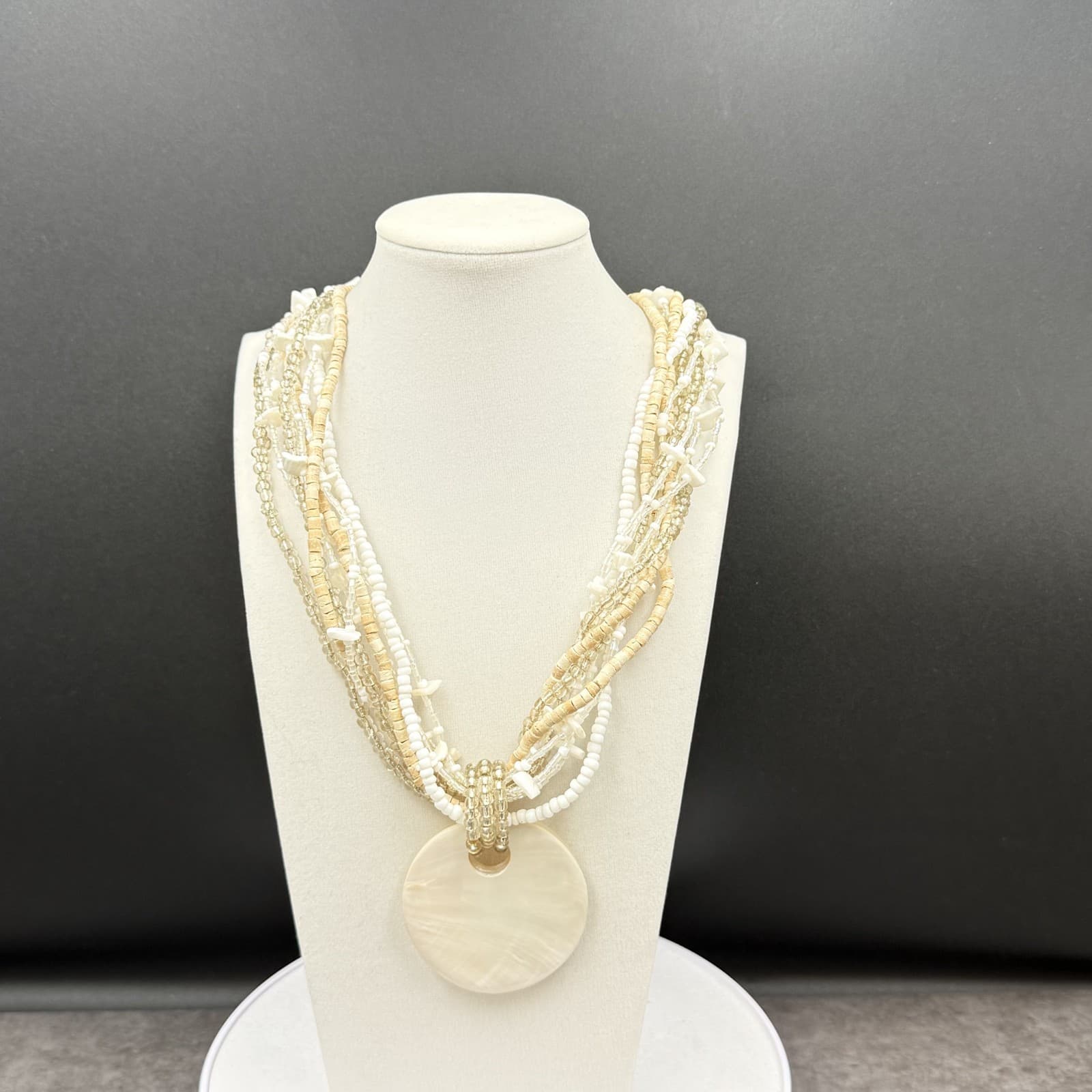 Vintage Cream Shell Disc Multi-Strand Bead Necklace Boho Statement - Thumbnail 3