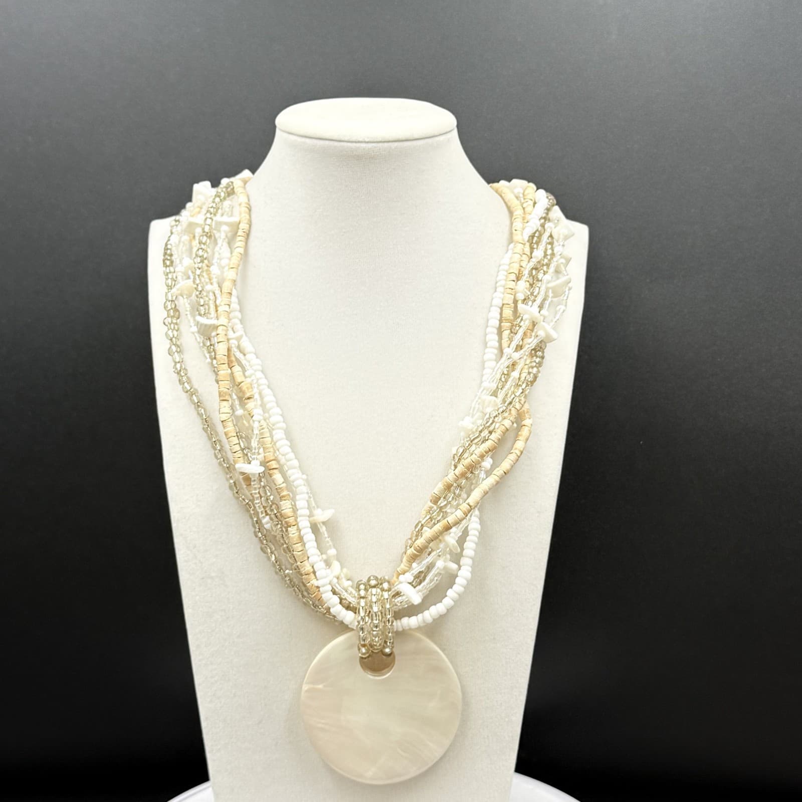 Vintage Cream Shell Disc Multi-Strand Bead Necklace Boho Statement - Thumbnail 8