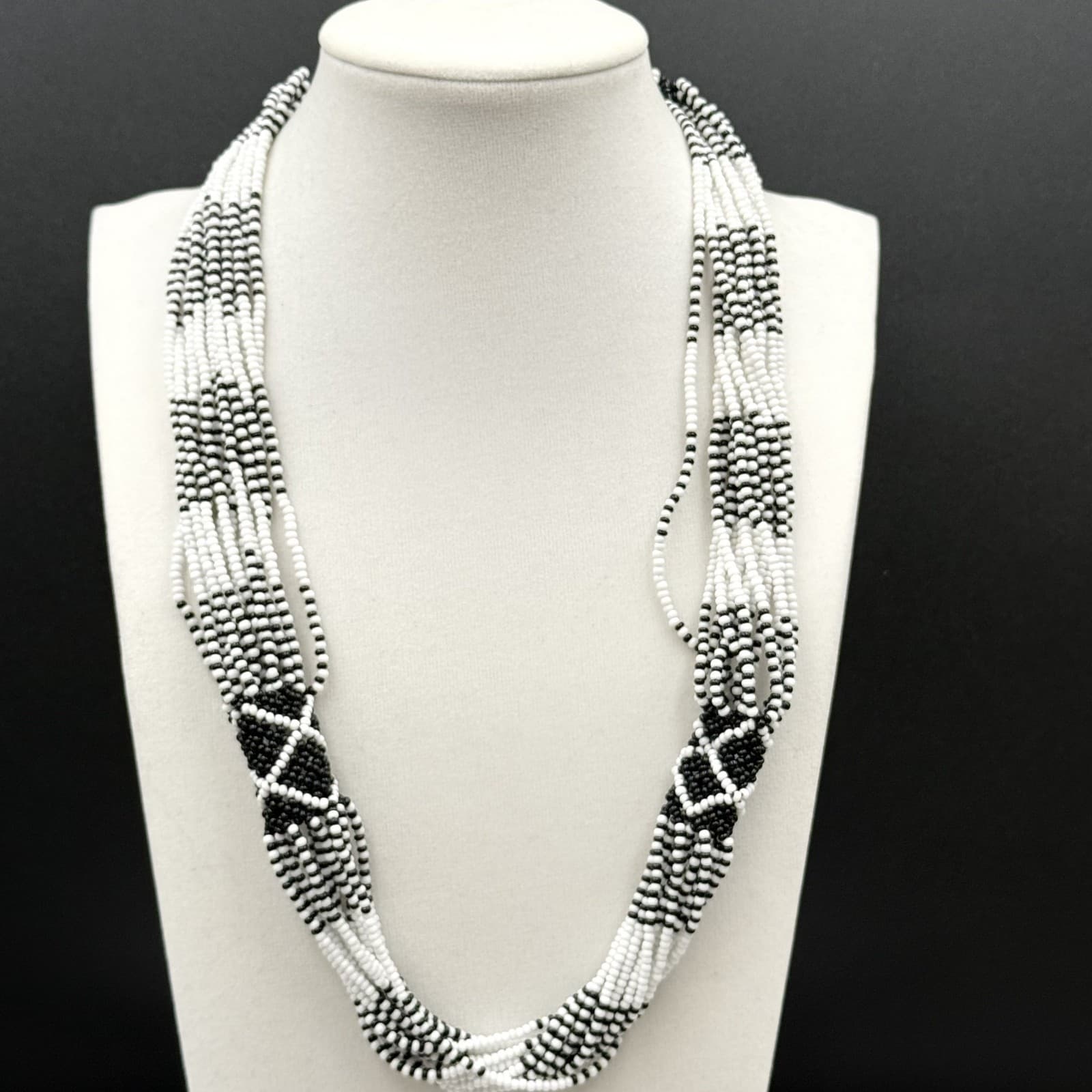 Vintage Black White Seed Bead Multi-Strand Necklace Tribal Boho Statement - Thumbnail 7