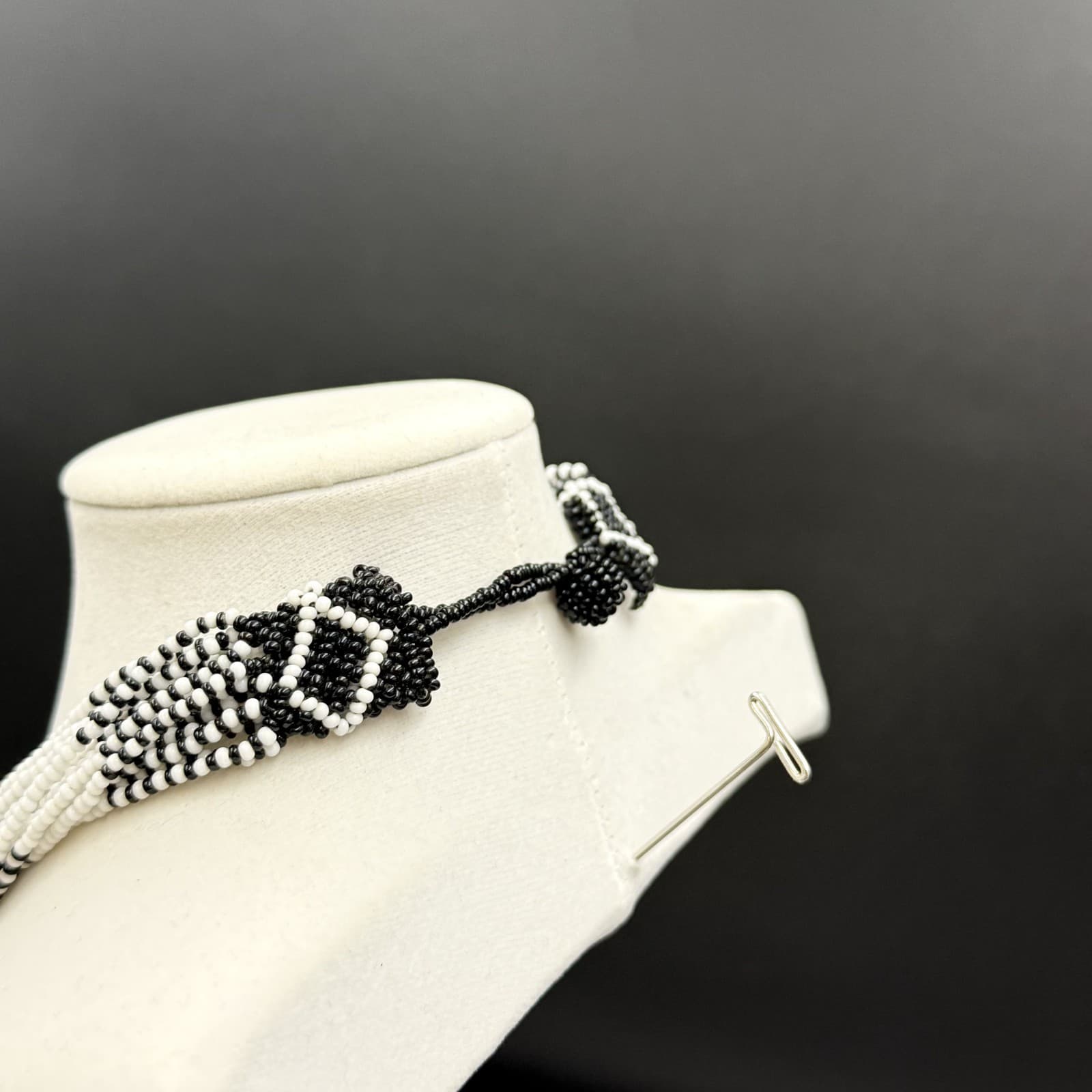 Vintage Black White Seed Bead Multi-Strand Necklace Tribal Boho Statement - Thumbnail 10