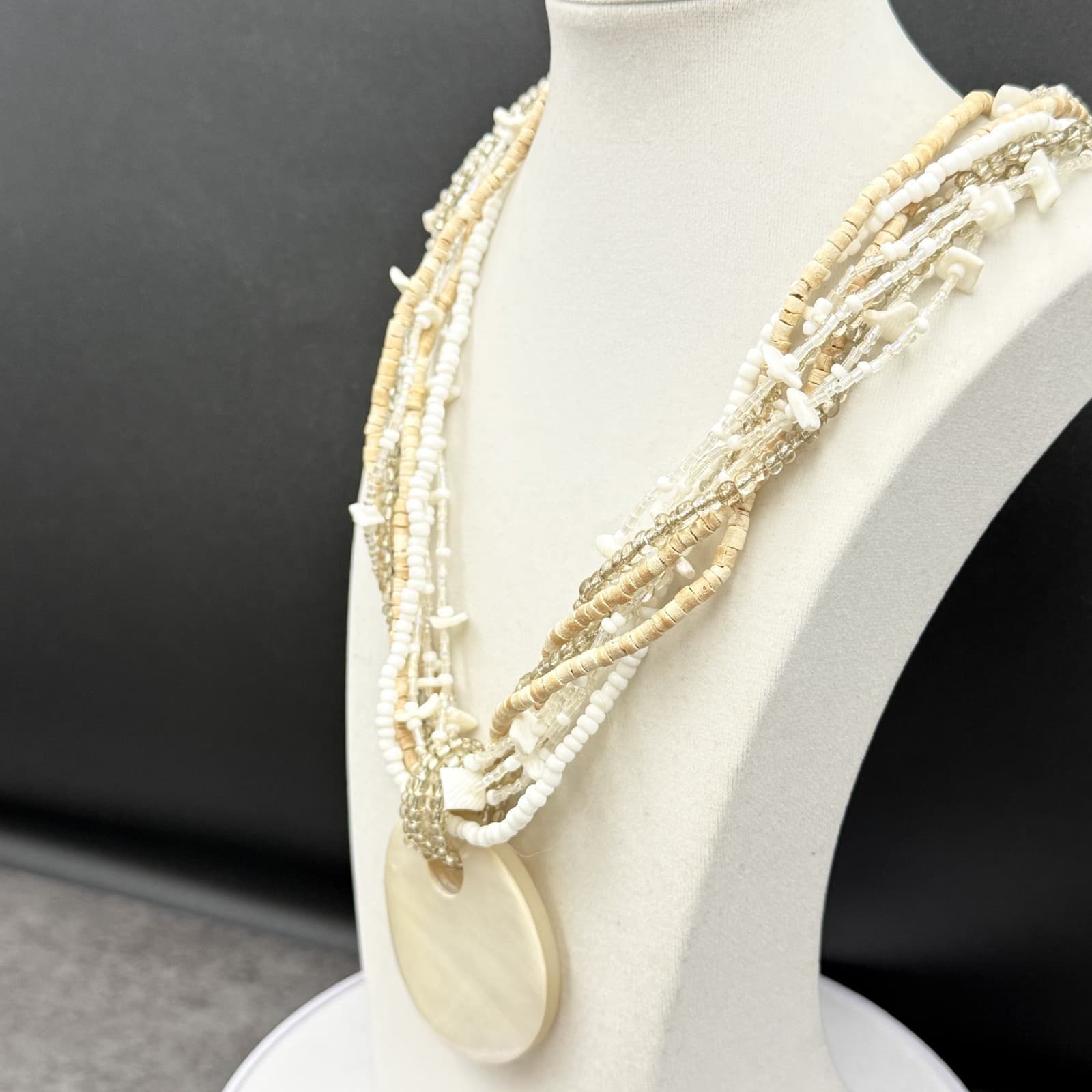 Vintage Cream Shell Disc Multi-Strand Bead Necklace Boho Statement - Thumbnail 6