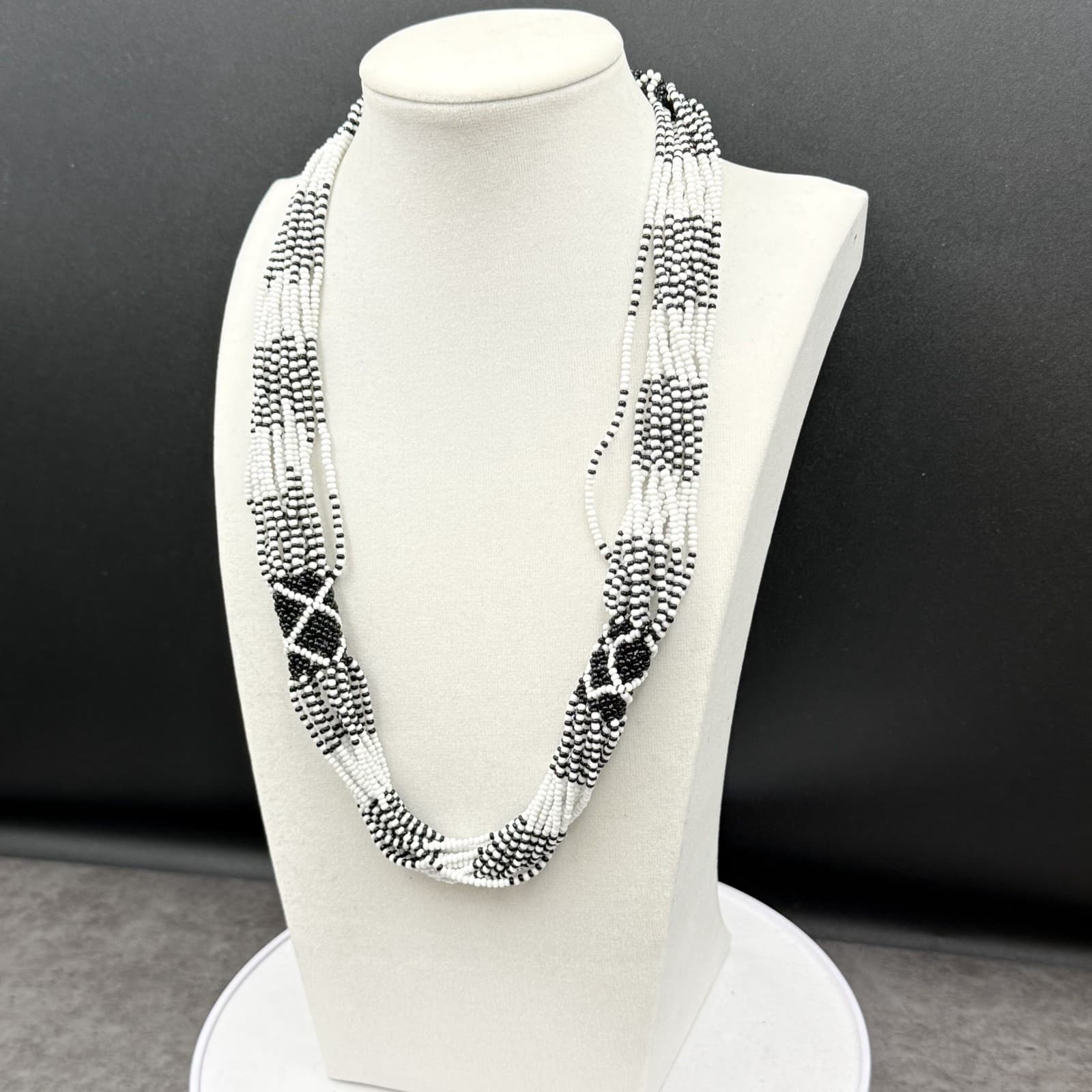 Vintage Black White Seed Bead Multi-Strand Necklace Tribal Boho Statement - Thumbnail 5