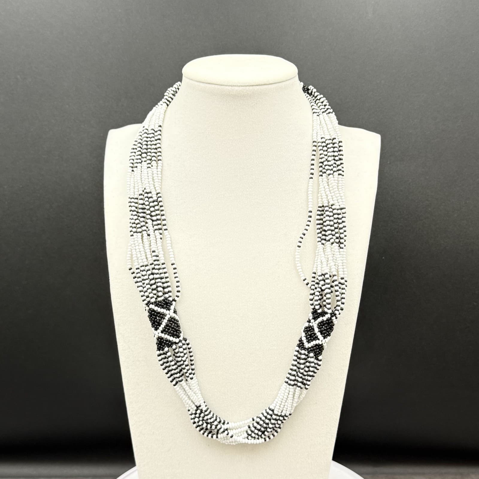 Vintage Black White Seed Bead Multi-Strand Necklace Tribal Boho Statement - Thumbnail 6