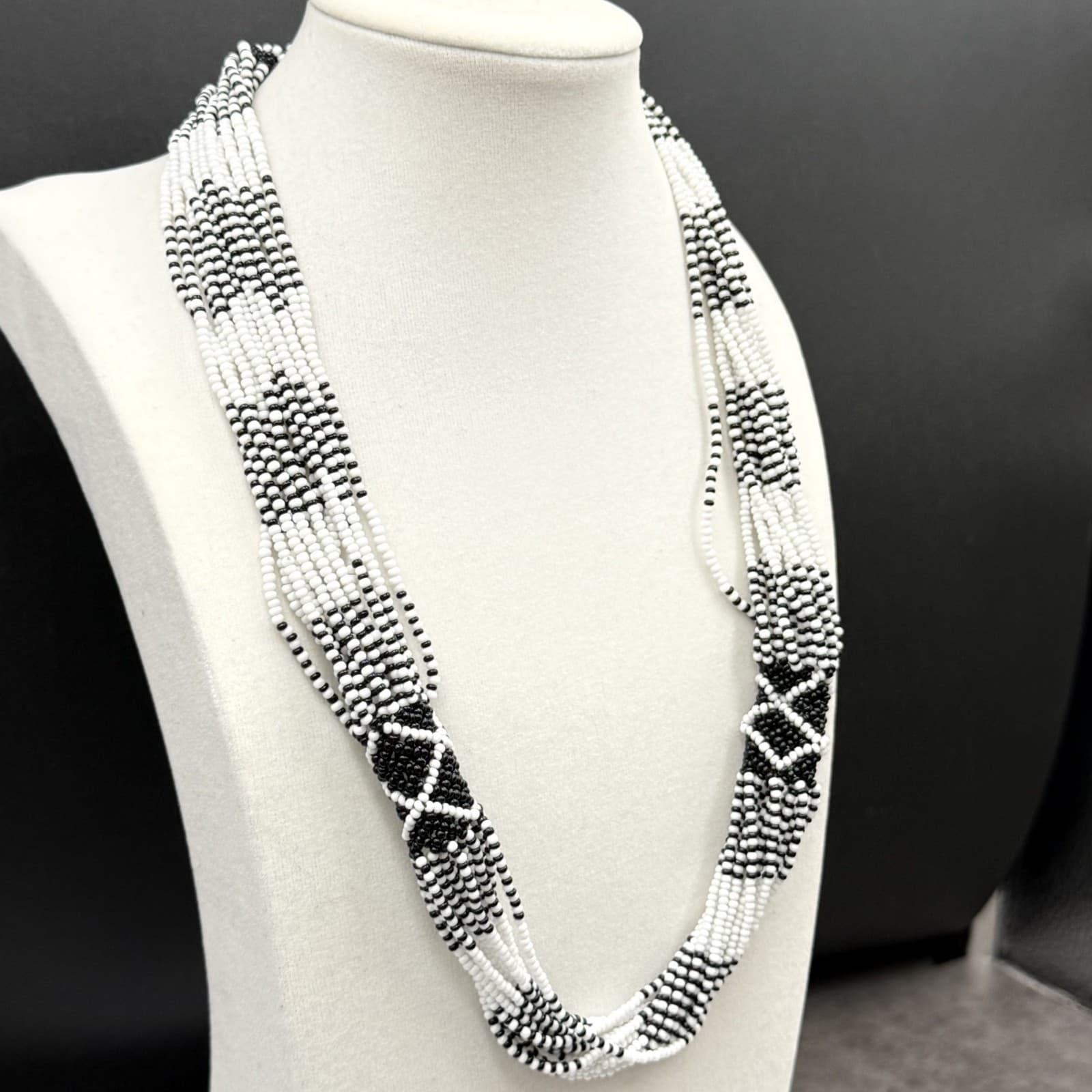 Vintage Black White Seed Bead Multi-Strand Necklace Tribal Boho Statement - Thumbnail 8