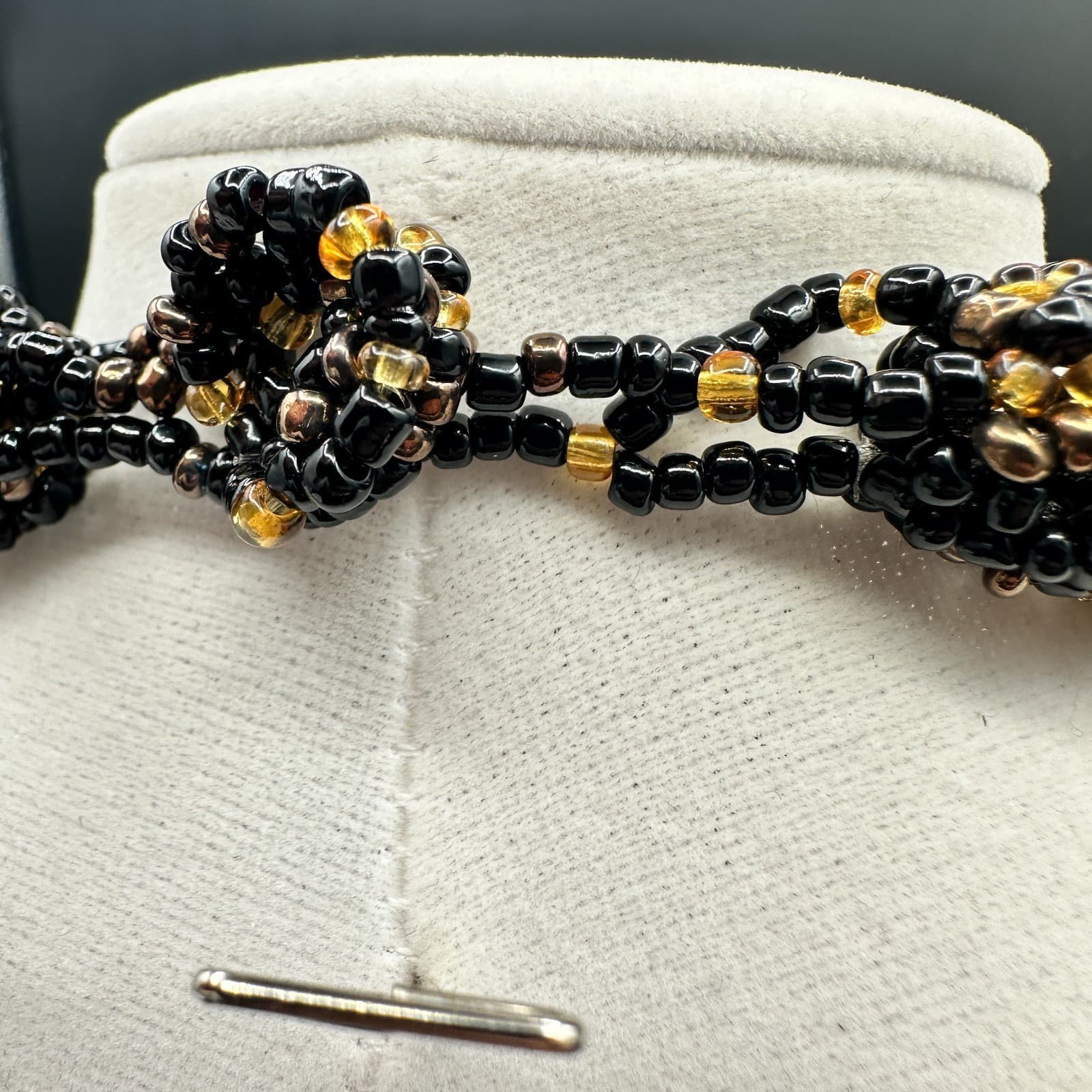 VTG Multi Strand Seed Bead Necklace Choker Black Gold Bronze Statement Jewelry - Thumbnail 8