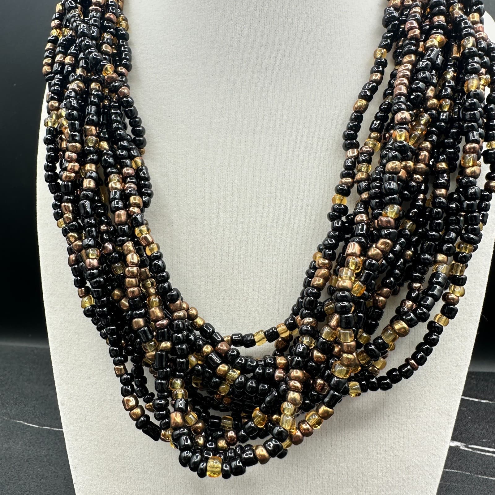 VTG Multi Strand Seed Bead Necklace Choker Black Gold Bronze Statement Jewelry - Thumbnail 3