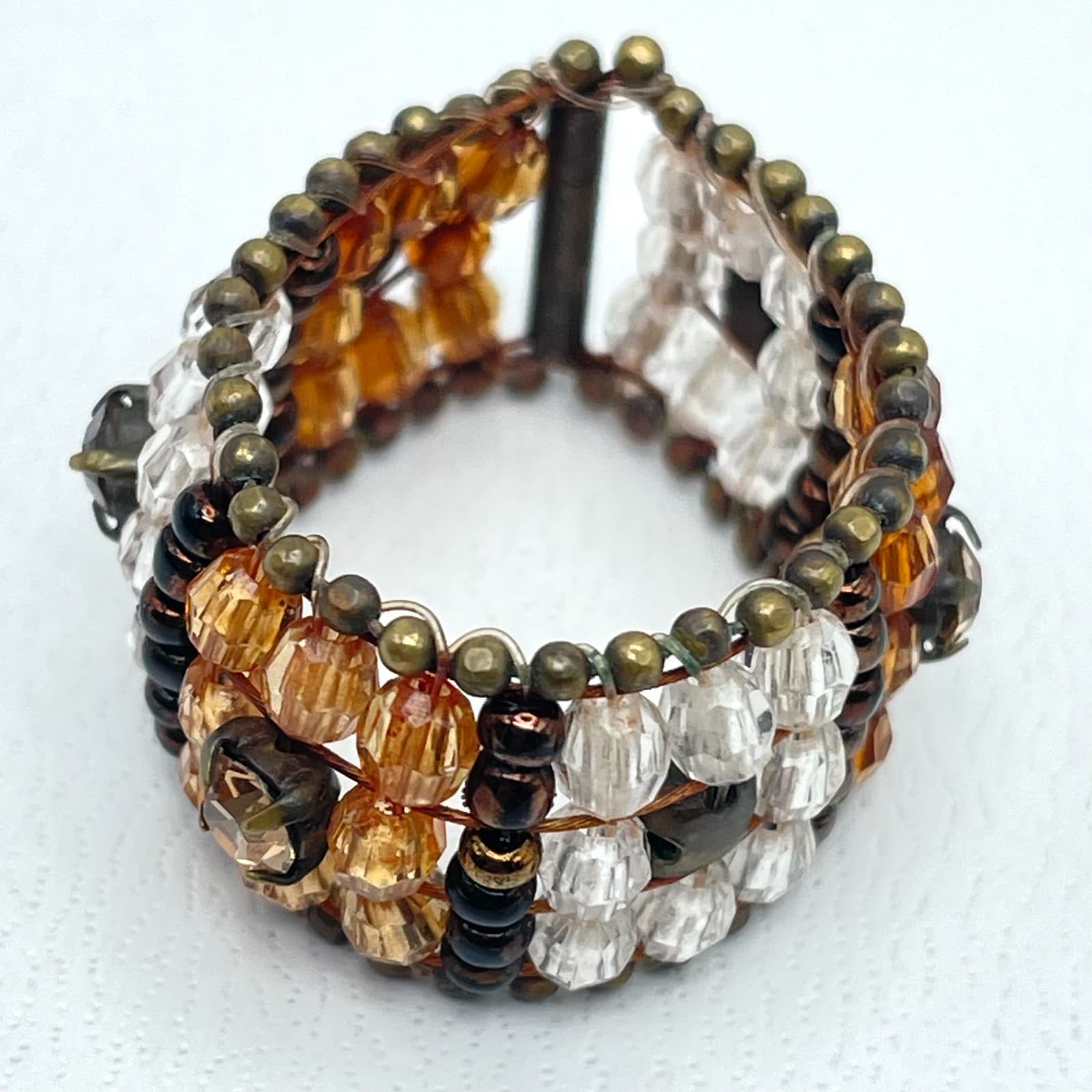 Vintage Bronze-Tone Amber Clear Brown Rhinestones Faceted Glass Beads Ring - Thumbnail 4