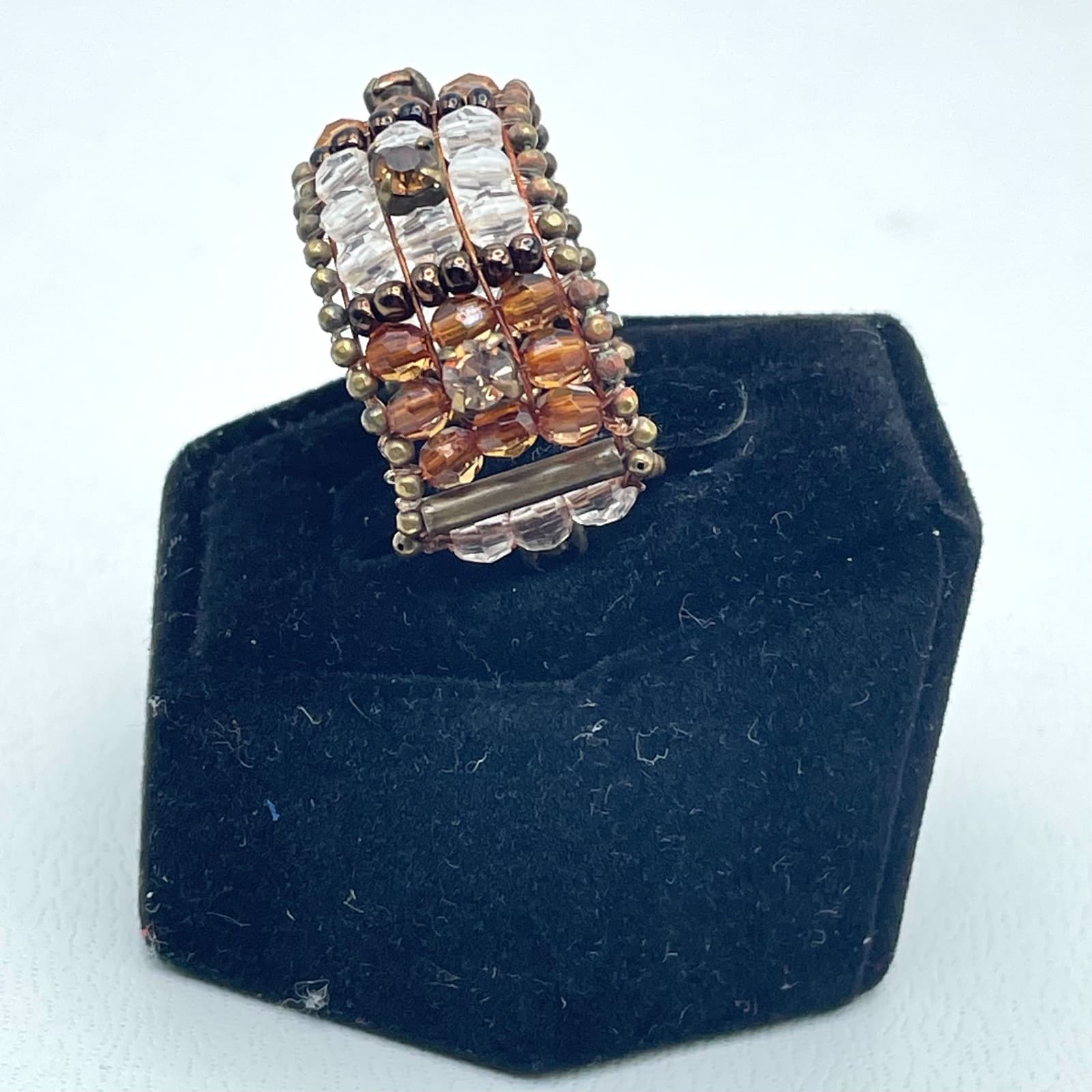 Vintage Bronze-Tone Amber Clear Brown Rhinestones Faceted Glass Beads Ring - Thumbnail 7