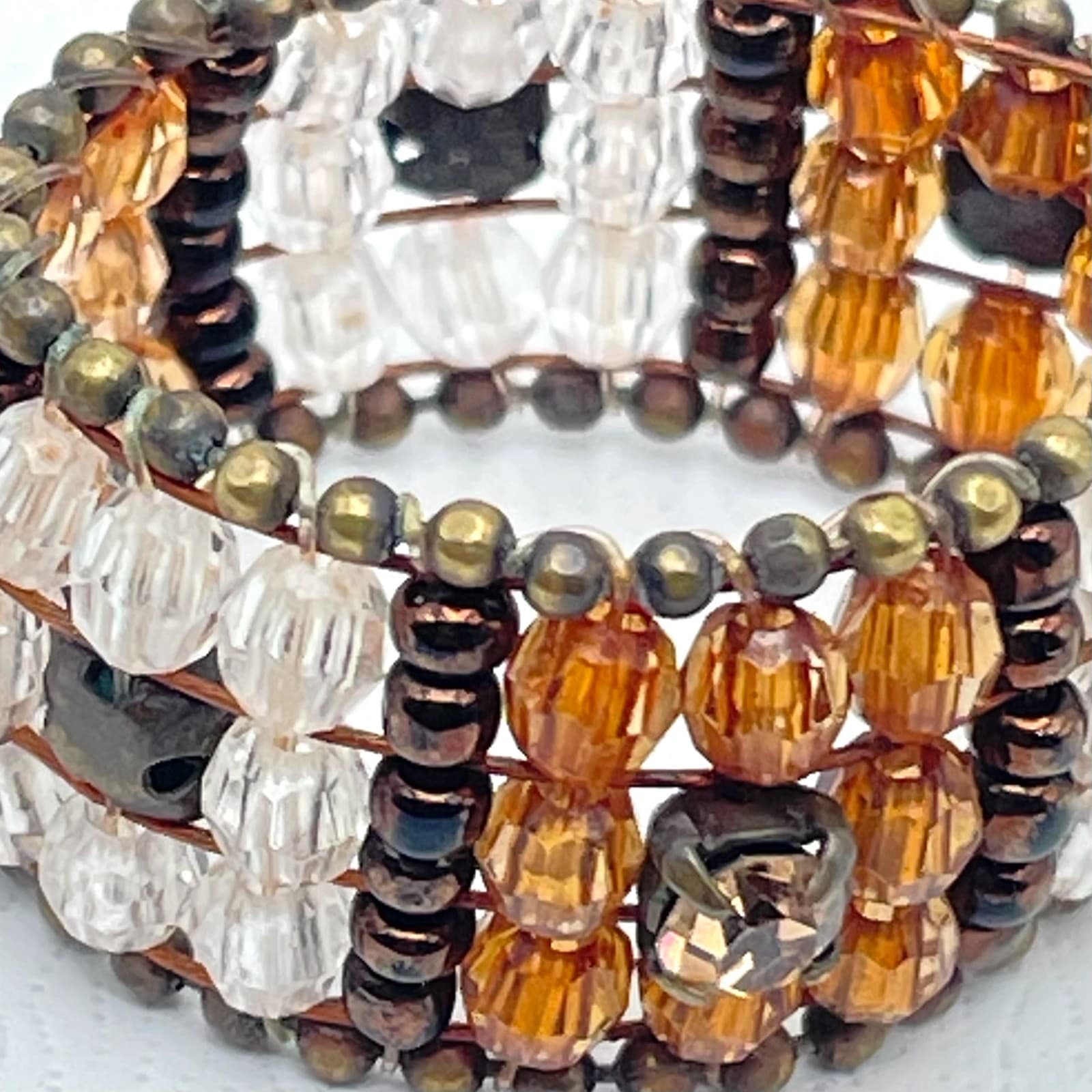 Vintage Bronze-Tone Amber Clear Brown Rhinestones Faceted Glass Beads Ring - Thumbnail 5