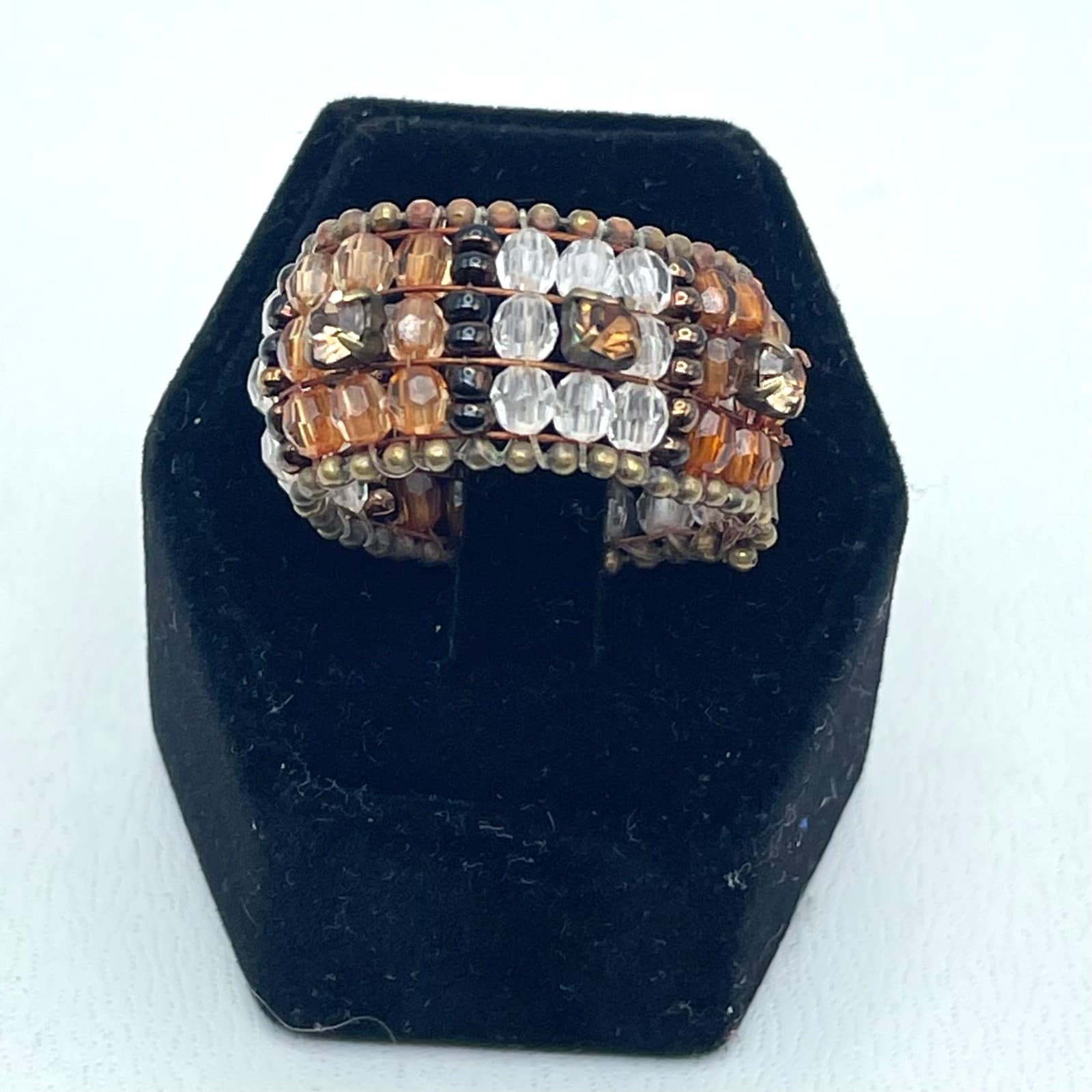 Vintage Bronze-Tone Amber Clear Brown Rhinestones Faceted Glass Beads Ring - Image 1