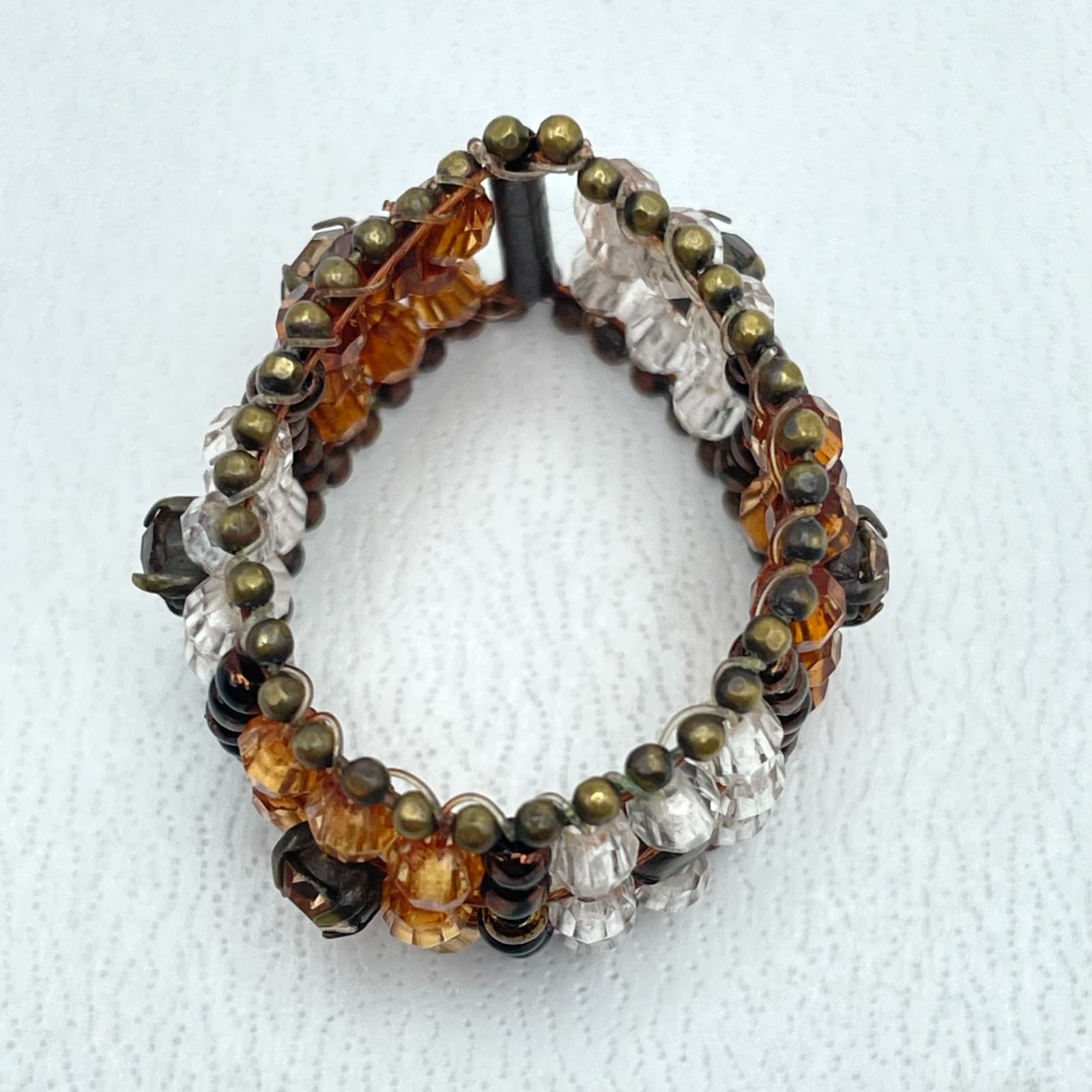 Vintage Bronze-Tone Amber Clear Brown Rhinestones Faceted Glass Beads Ring - Thumbnail 3