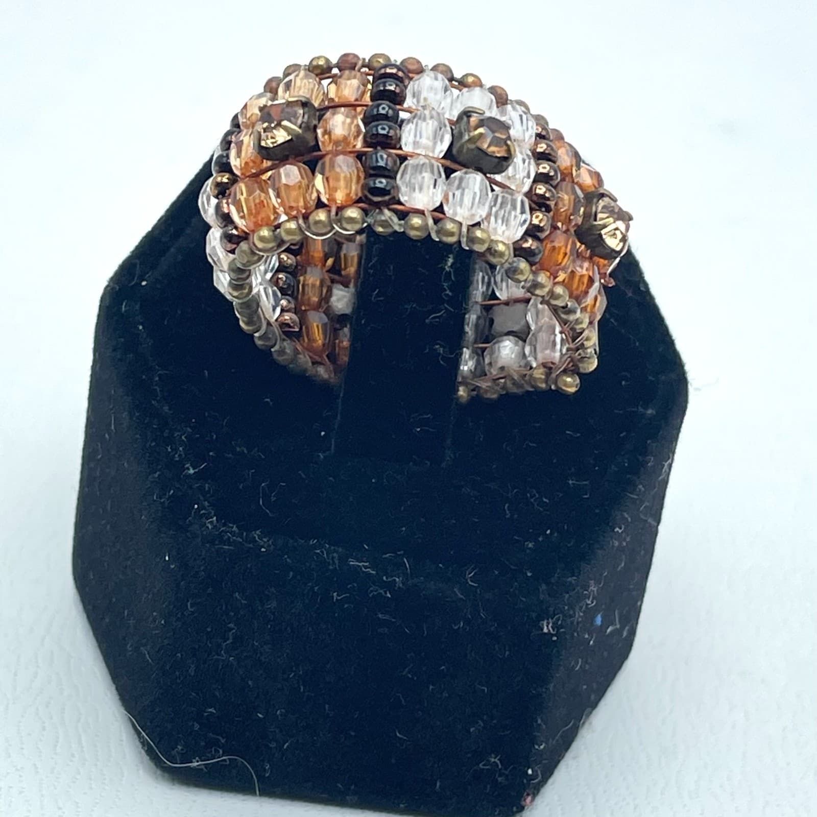 Vintage Bronze-Tone Amber Clear Brown Rhinestones Faceted Glass Beads Ring - Thumbnail 6