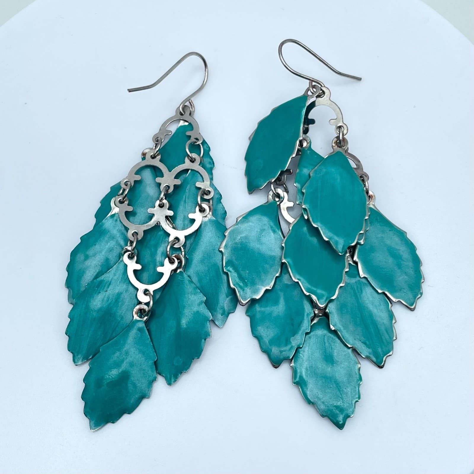 Boho Silver-Tone Turquoise-Colored Metal Multi Leaf Dangle French Hook Earrings - Thumbnail 2