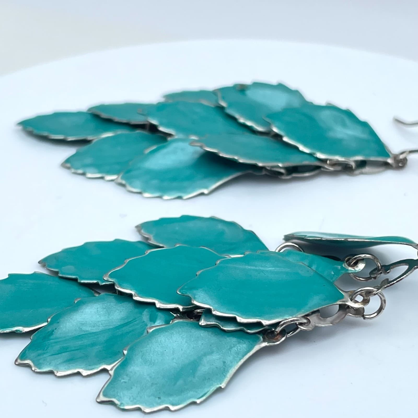 Boho Silver-Tone Turquoise-Colored Metal Multi Leaf Dangle French Hook Earrings - Thumbnail 5