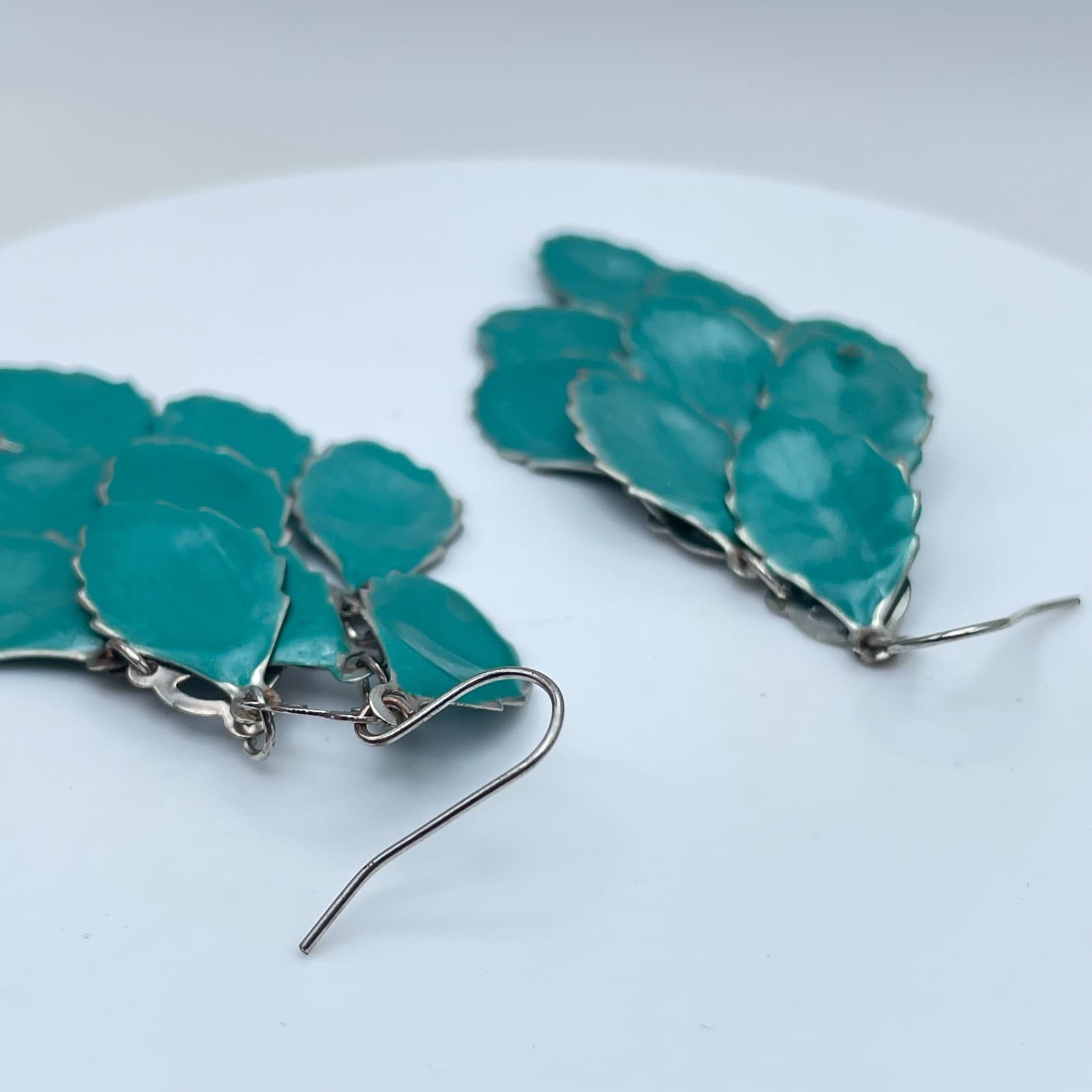 Boho Silver-Tone Turquoise-Colored Metal Multi Leaf Dangle French Hook Earrings - Thumbnail 6